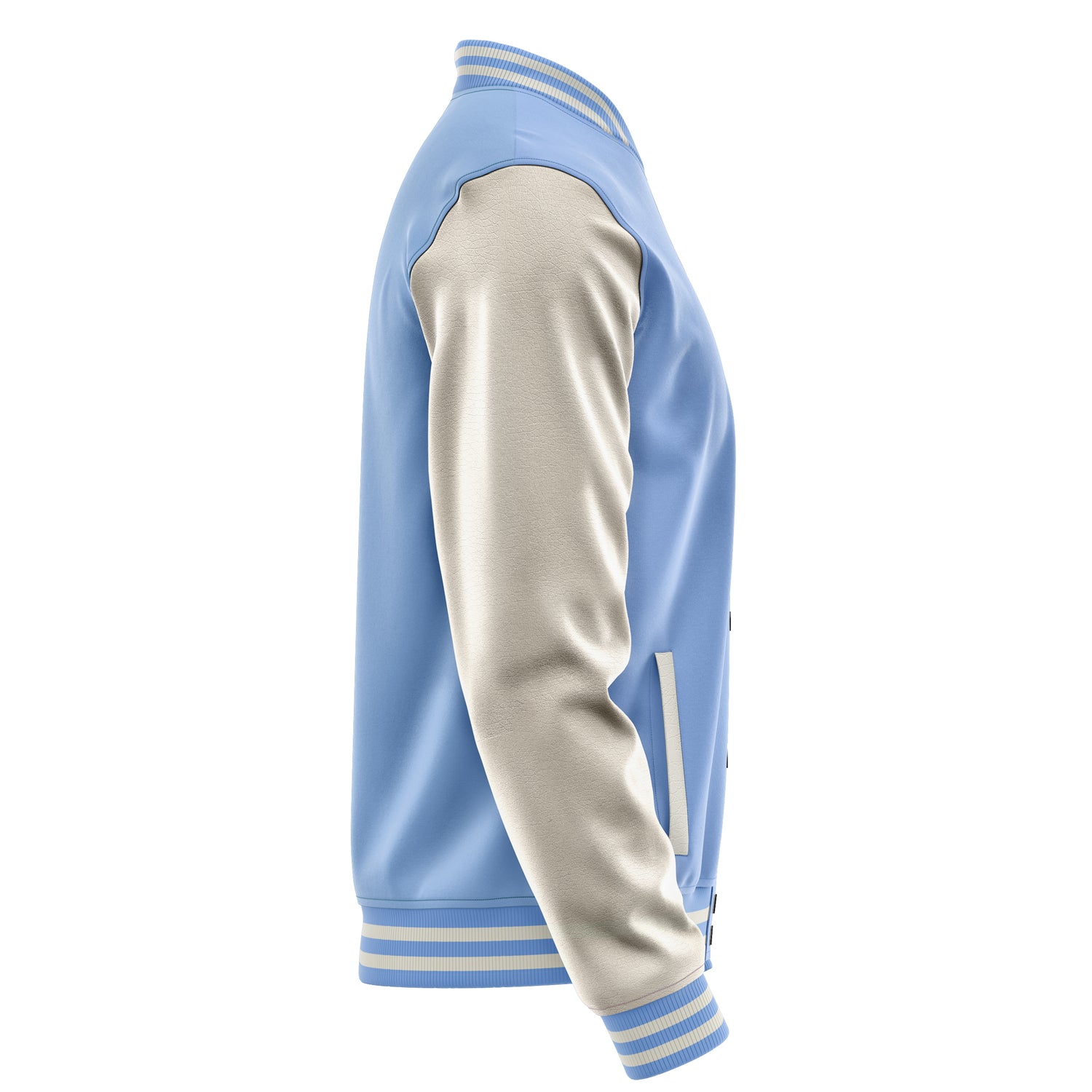 Custom Sky Blue Varsity Jacket Patches Beige Leather Sleeves - Festival Fun