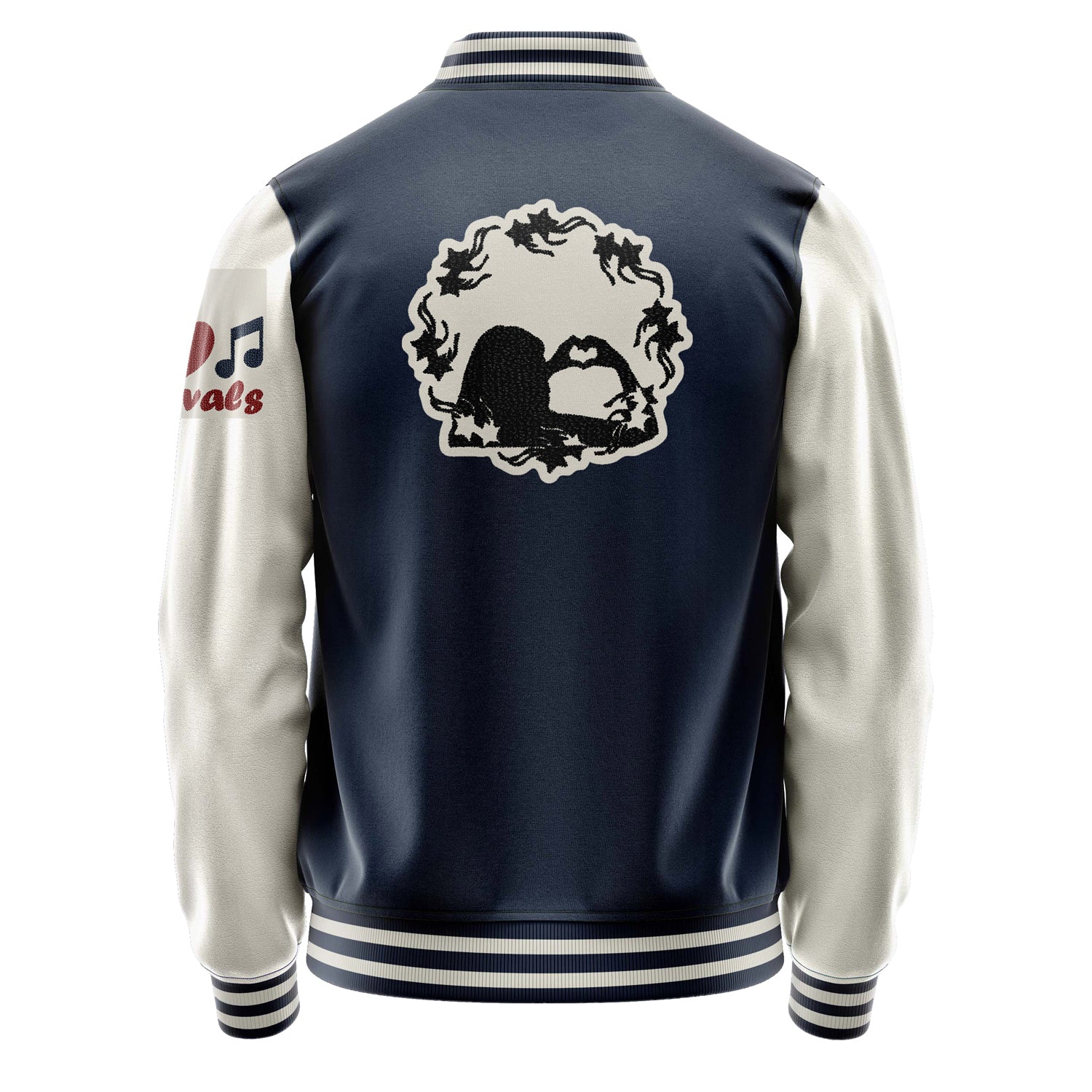 Custom Navy Blue Varsity Jacket Patches Beige Leather Sleeves - Girl's heart