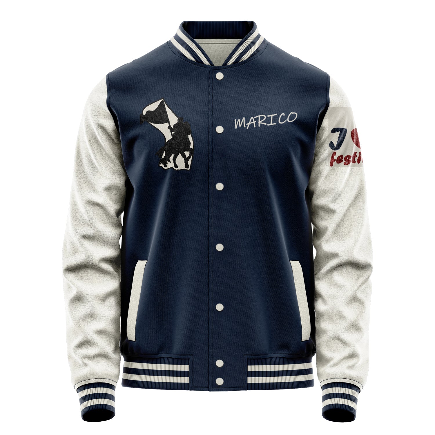 Custom Navy Blue Varsity Jacket Patches Beige Leather Sleeves - Girl's heart