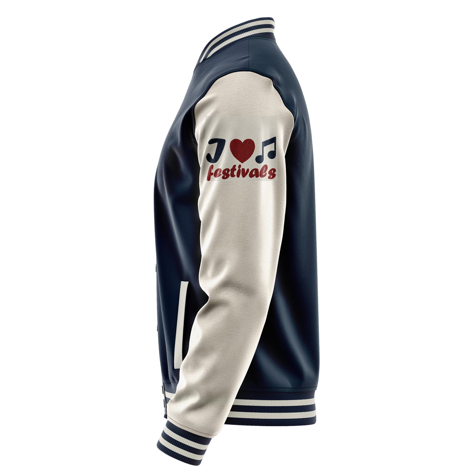 Custom Navy Blue Varsity Jacket Patches Beige Leather Sleeves - Girl's heart