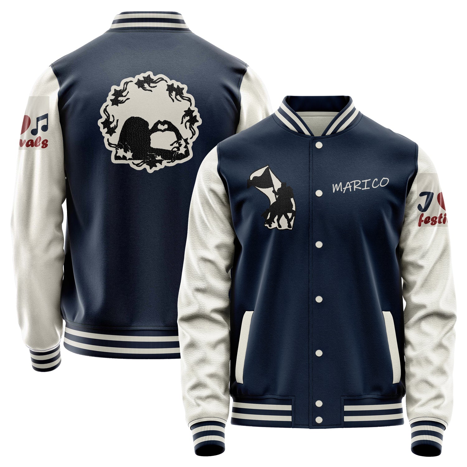 Custom Navy Blue Varsity Jacket Patches Beige Leather Sleeves - Girl's heart