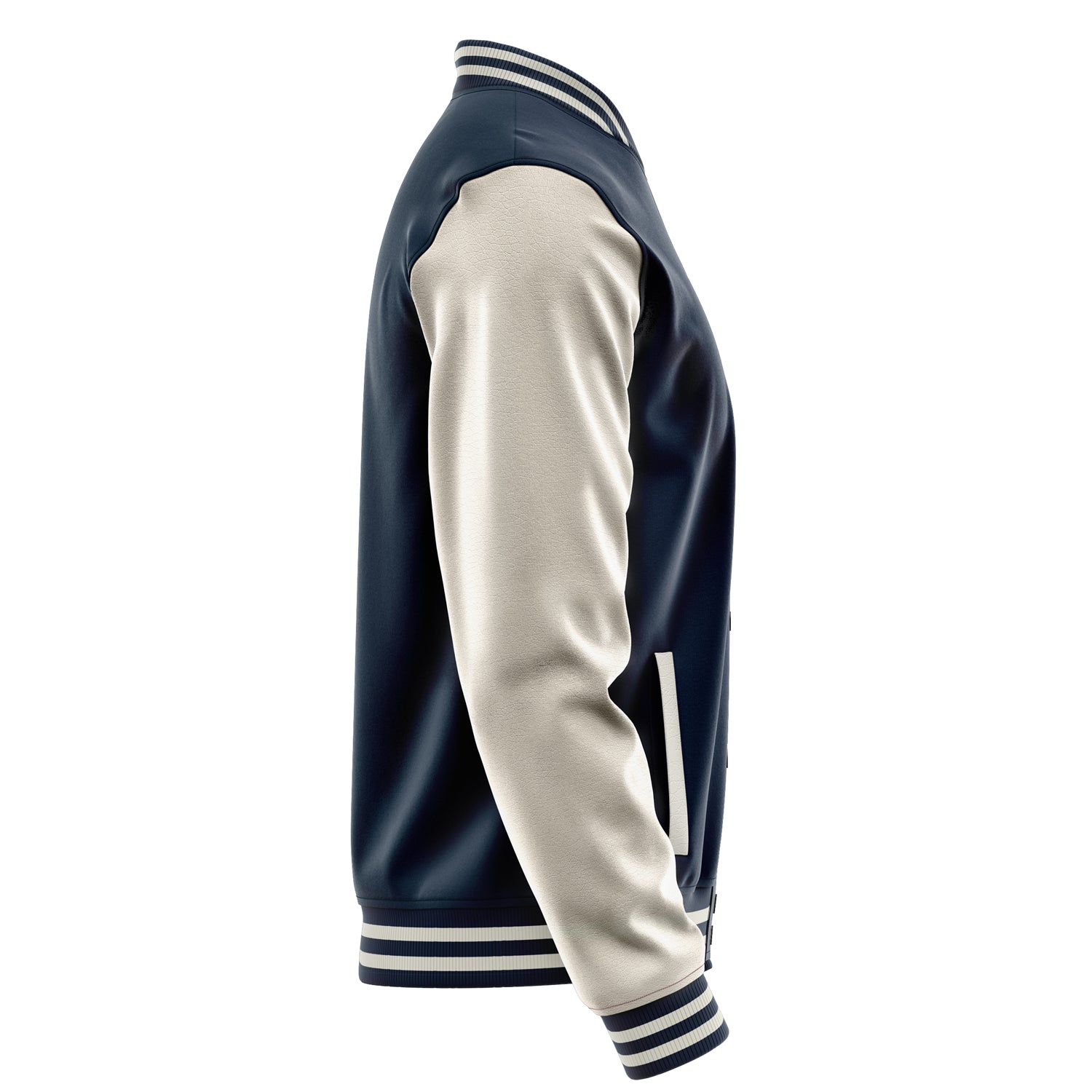 Custom Navy Blue Varsity Jacket Patches Beige Leather Sleeves - Girl's heart