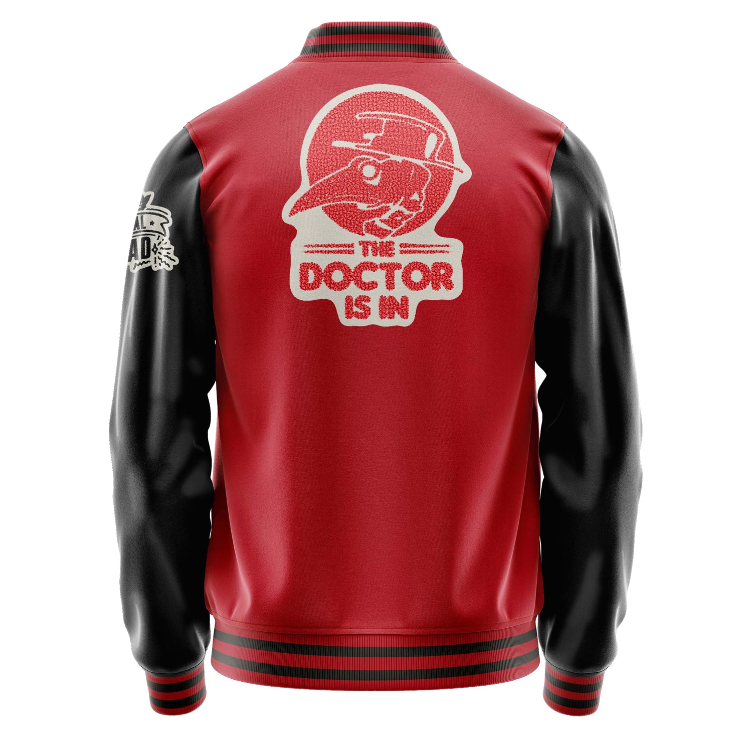 Custom Red Varsity Jacket Patches Black Leather Sleeves - Festival Squad