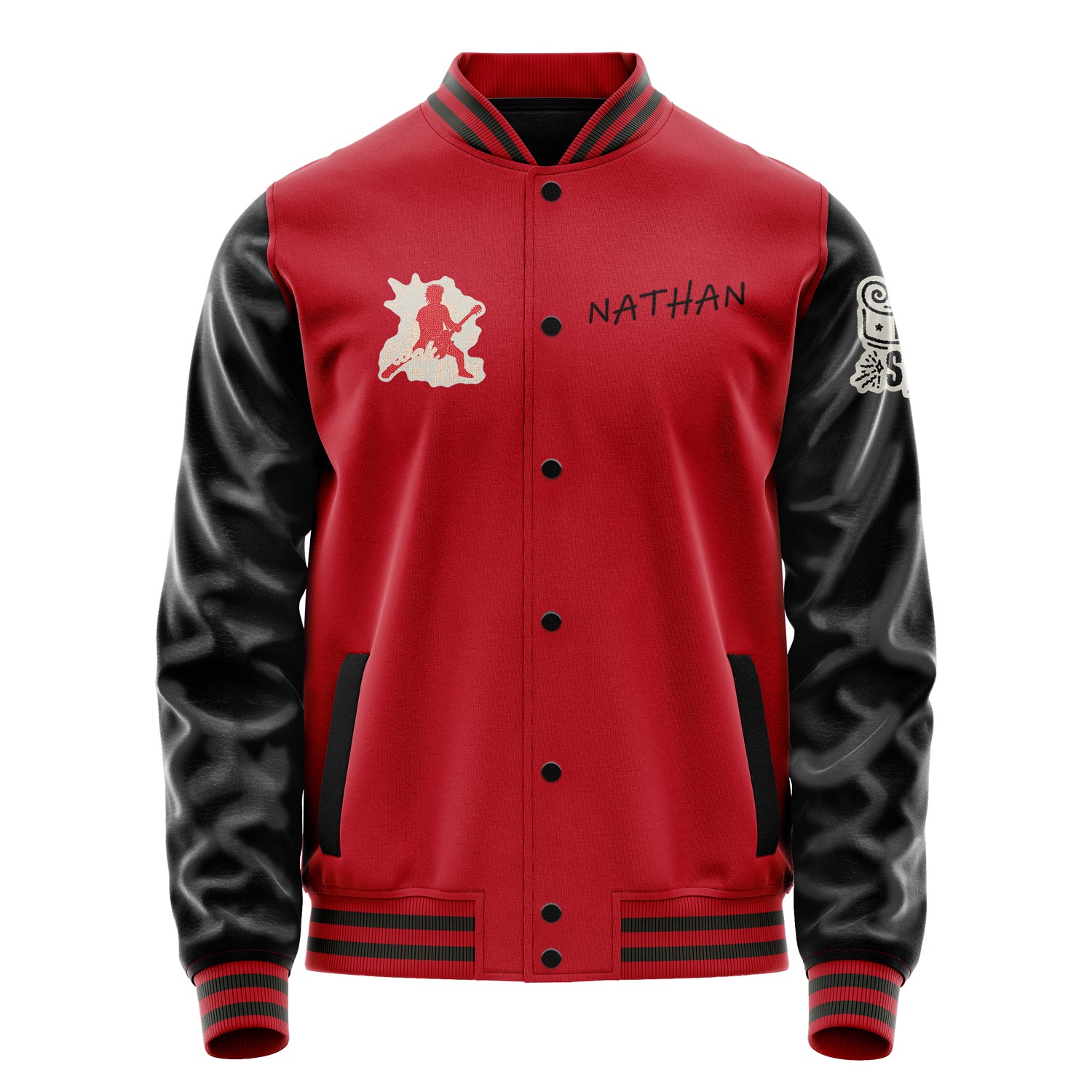 Custom Red Varsity Jacket Patches Black Leather Sleeves - Festival Squad