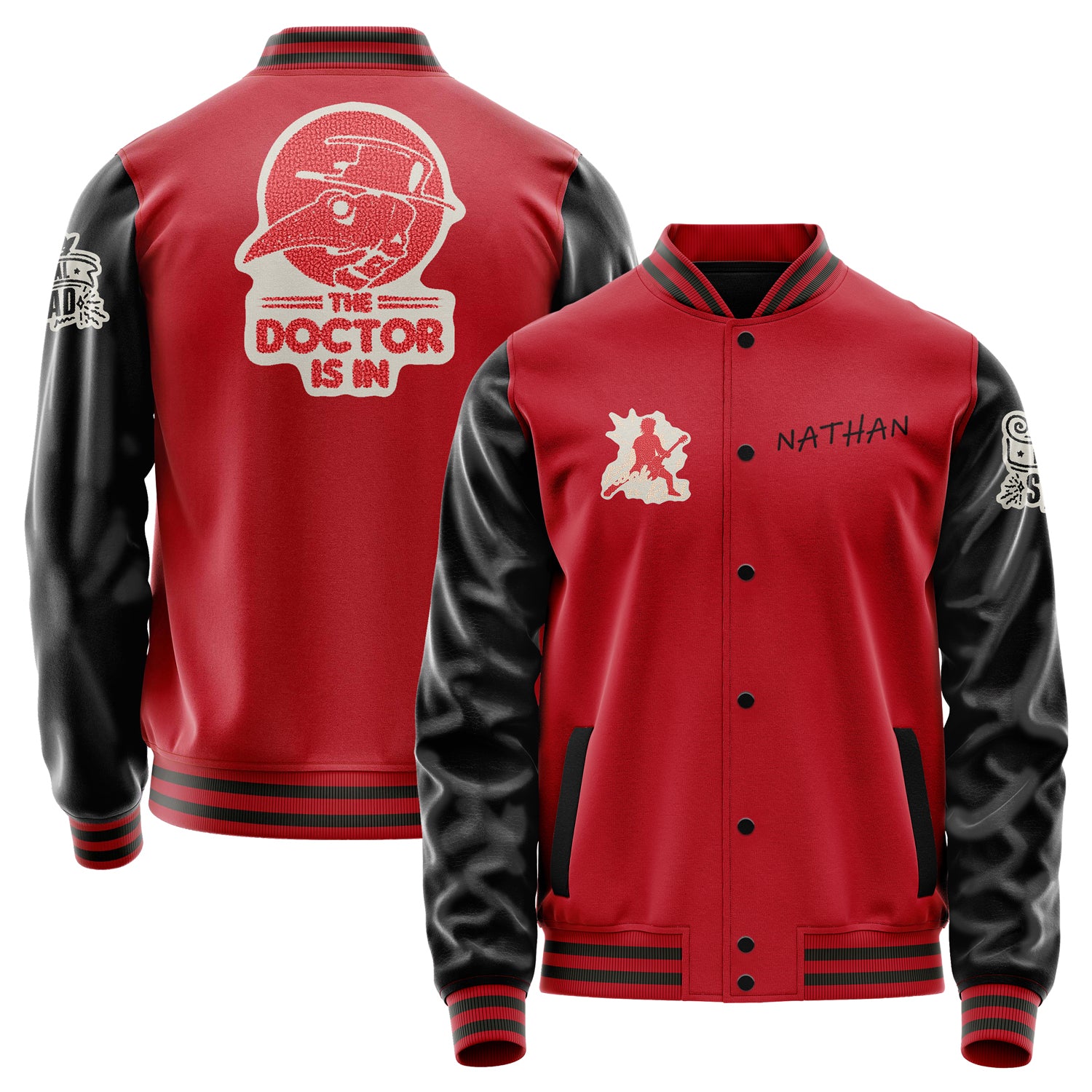 Custom Red Varsity Jacket Patches Black Leather Sleeves - Festival Squad