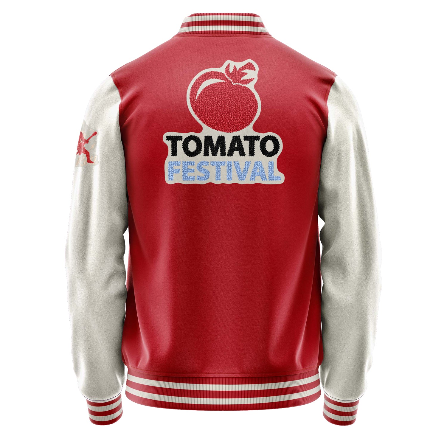 Custom Red Varsity Jacket Patches Beige Leather Sleeves - Tomato Festival