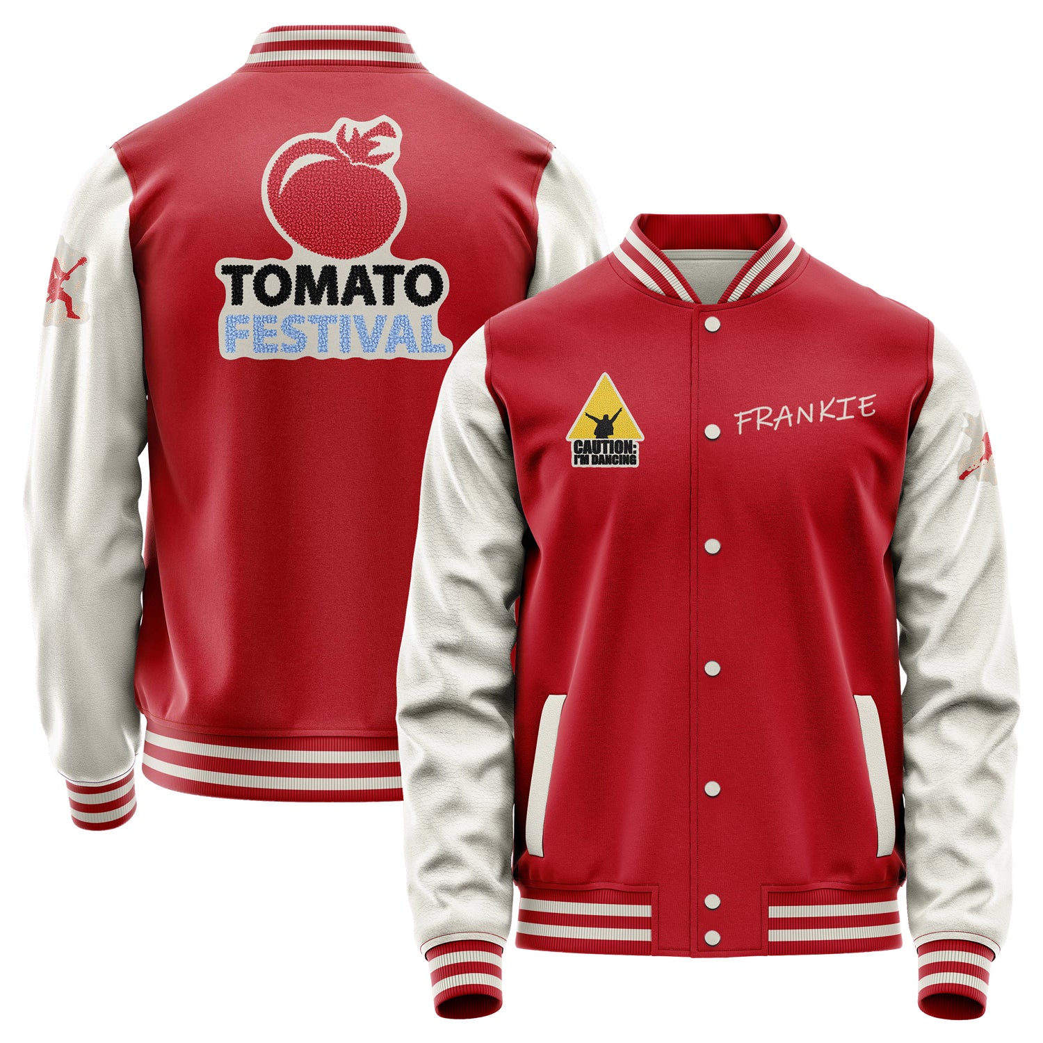 Custom Red Varsity Jacket Patches Beige Leather Sleeves - Tomato Festival