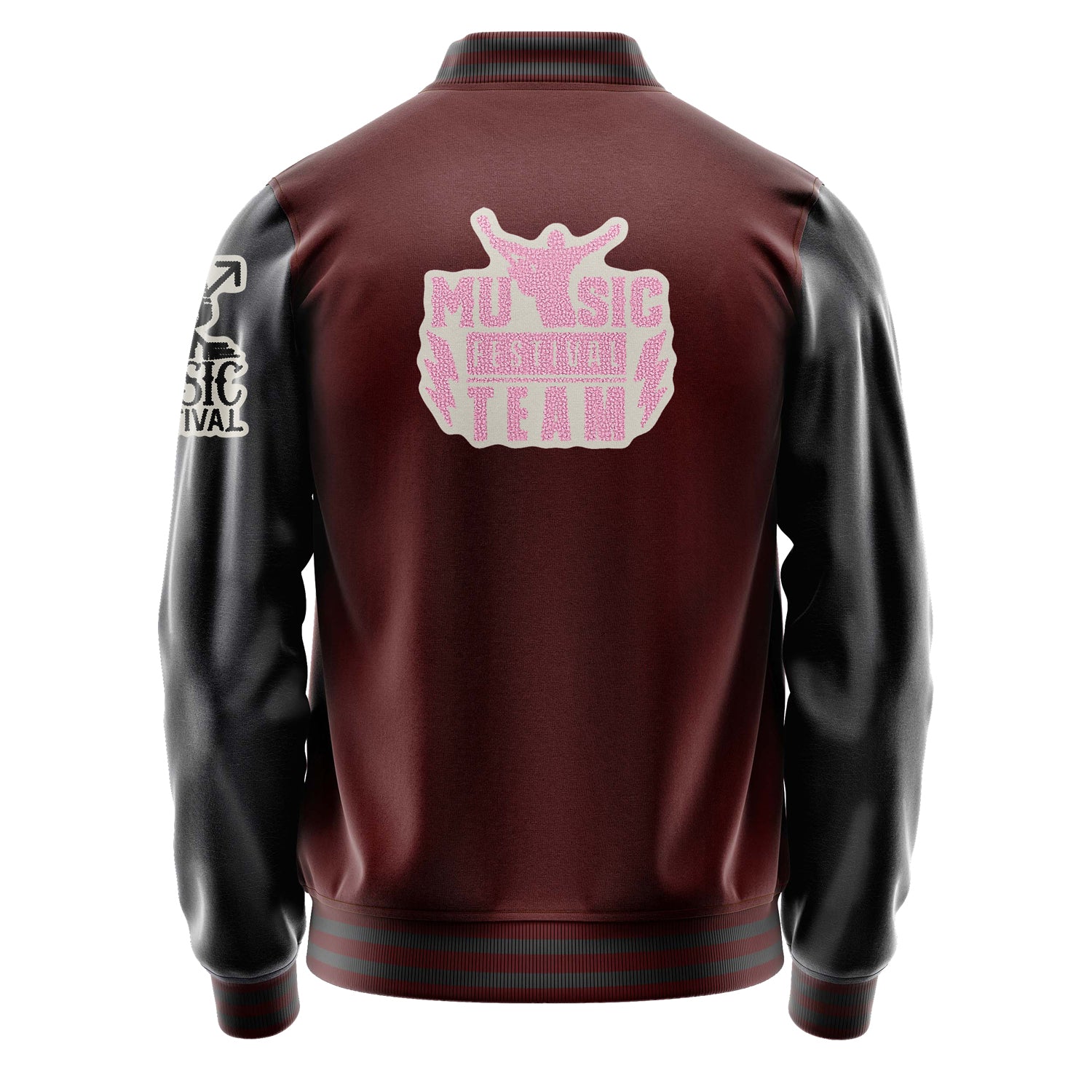 Custom Wine Red Varsity Jacket Patches Dark Gray Leather Sleeves - Music Festival