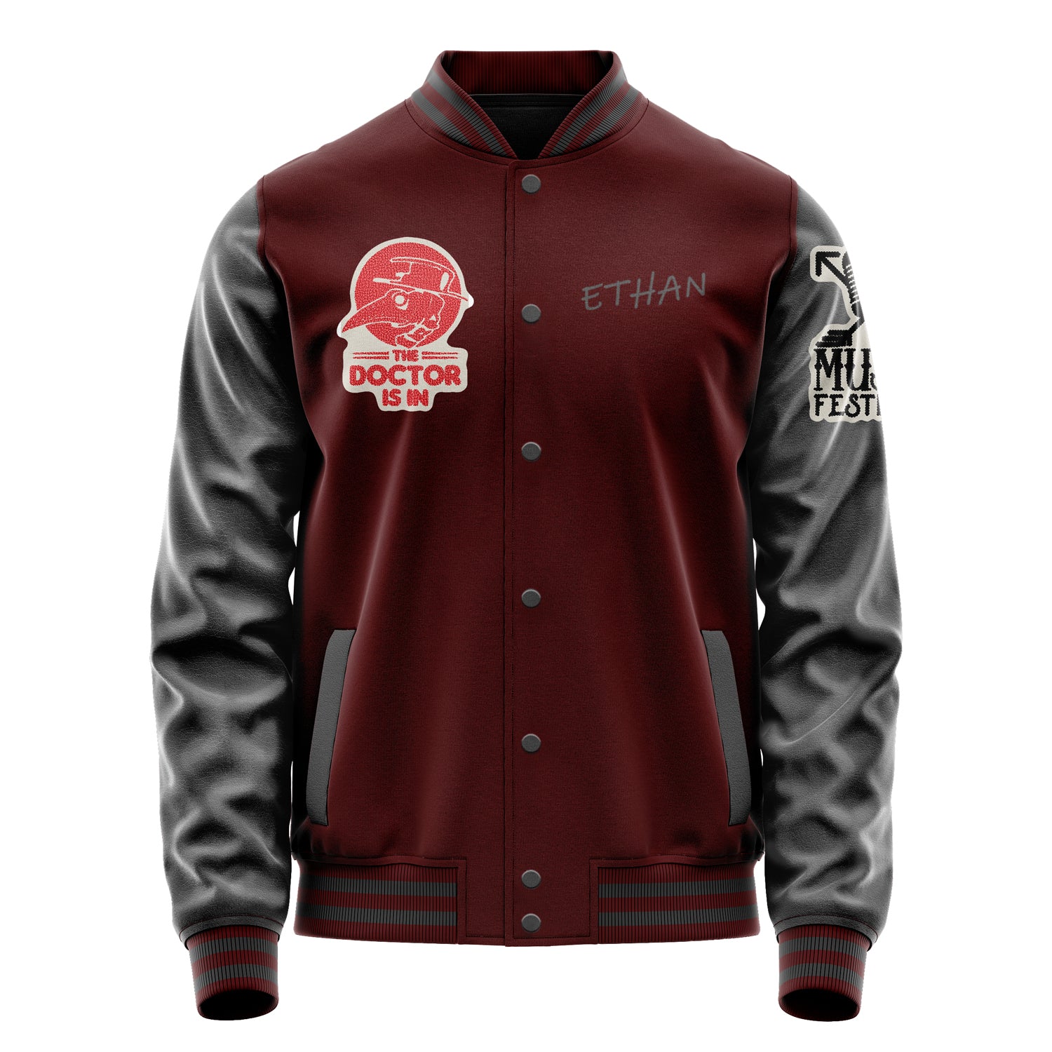 Custom Wine Red Varsity Jacket Patches Dark Gray Leather Sleeves - Music Festival