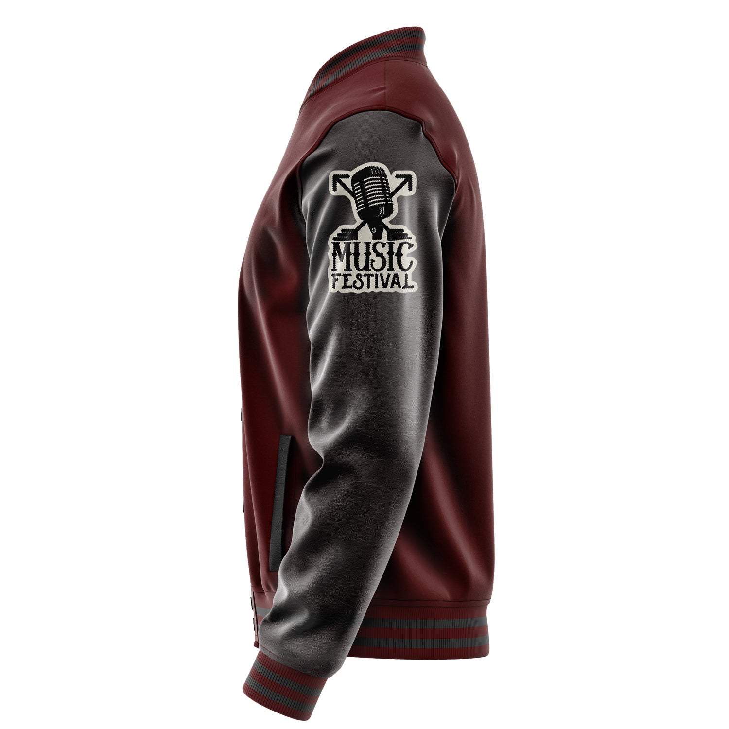 Custom Wine Red Varsity Jacket Patches Dark Gray Leather Sleeves - Music Festival