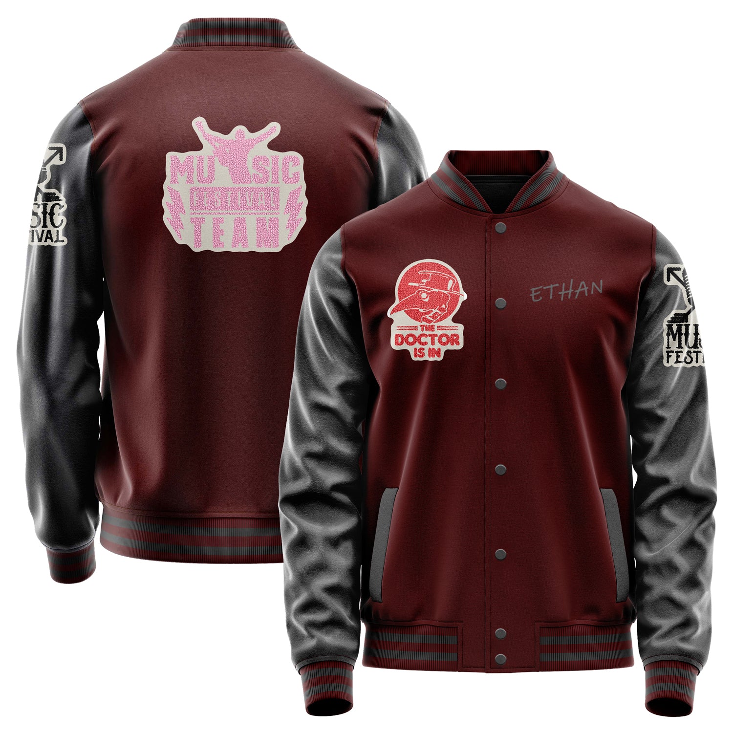 Custom Wine Red Varsity Jacket Patches Dark Gray Leather Sleeves - Music Festival