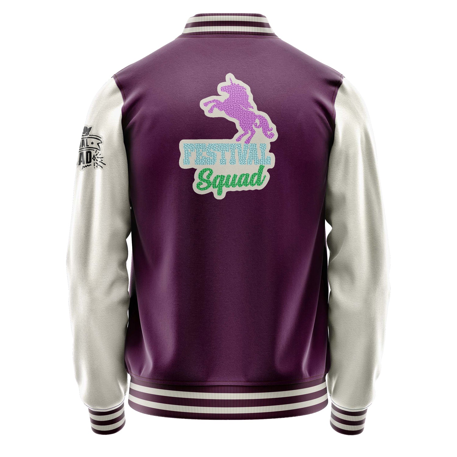 Custom Purple Varsity Jacket Patches Beige Leather Sleeves - Festival Squad