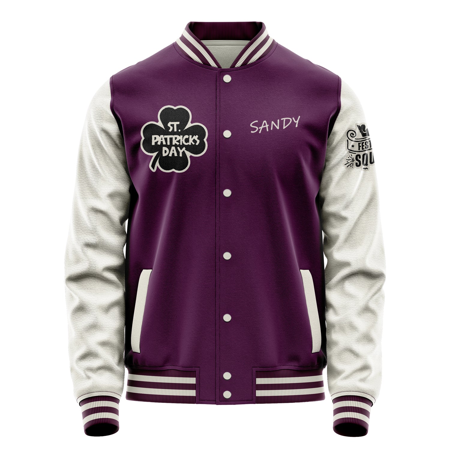 Custom Purple Varsity Jacket Patches Beige Leather Sleeves - Festival Squad