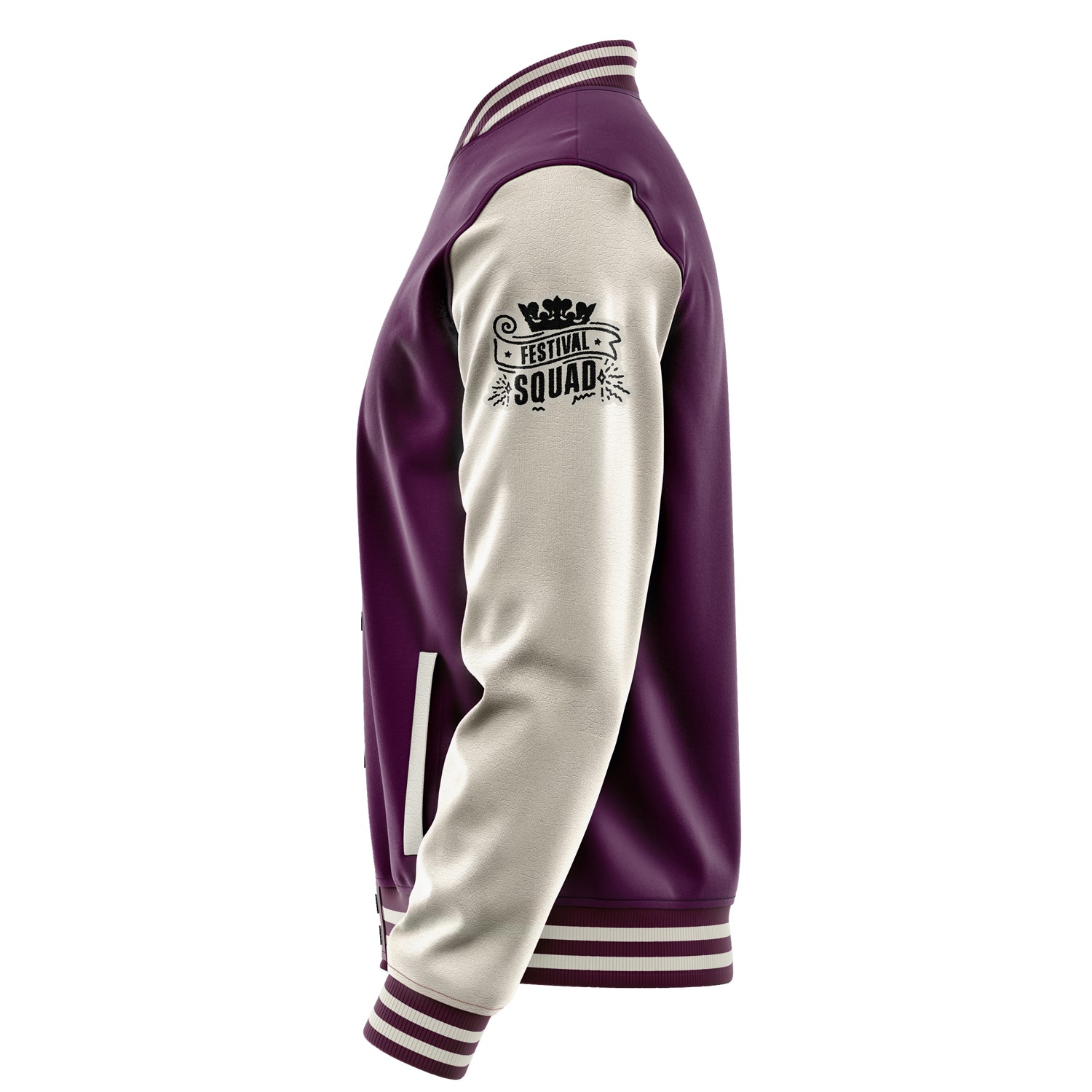 Custom Purple Varsity Jacket Patches Beige Leather Sleeves - Festival Squad