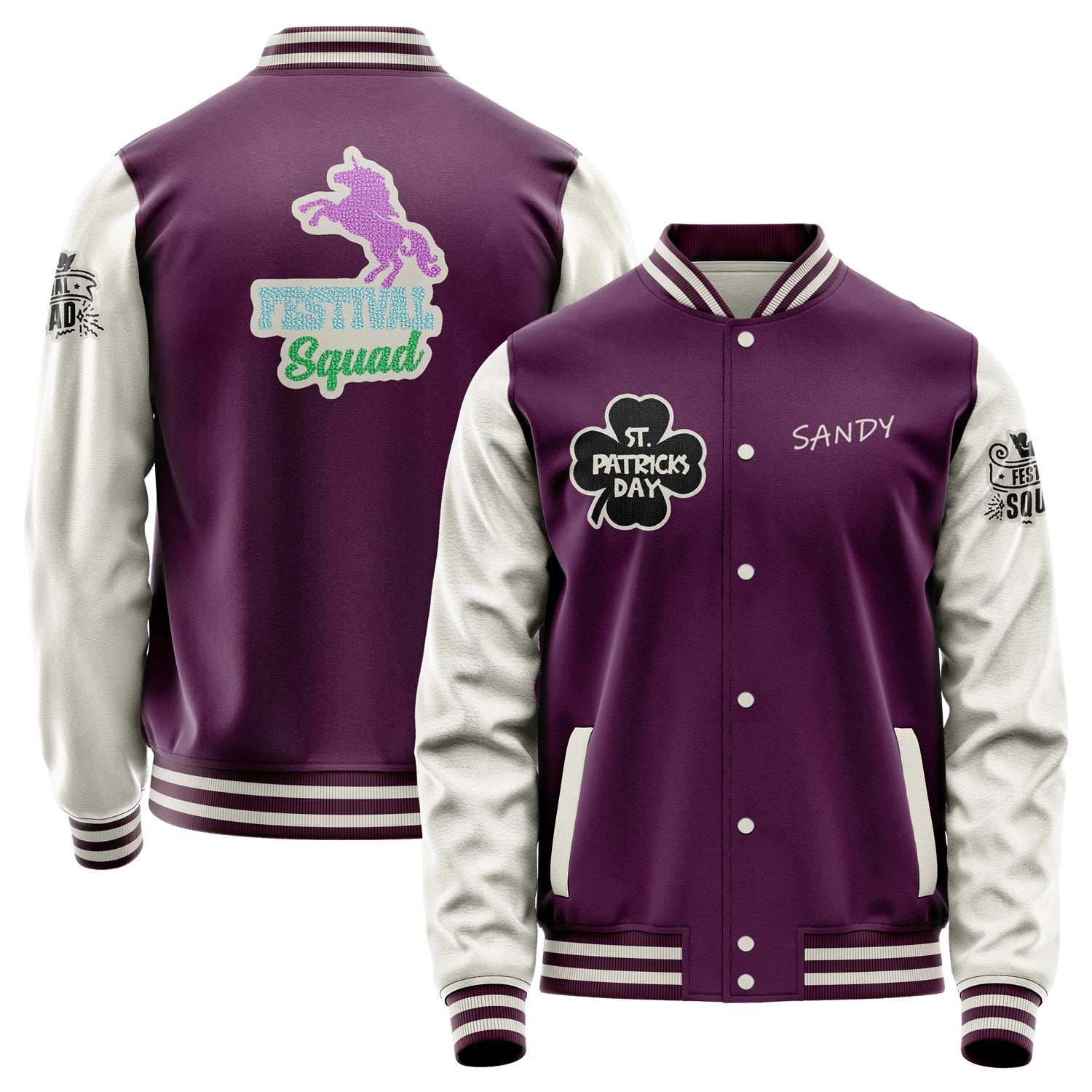 Custom Purple Varsity Jacket Patches Beige Leather Sleeves - Festival Squad