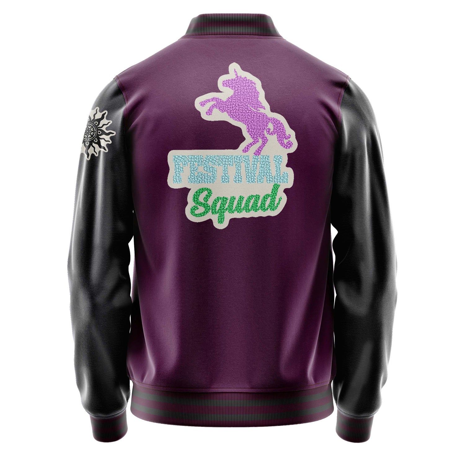 Custom Purple Varsity Jacket Patches Dark Gray Leather Sleeves - Flower Pattern