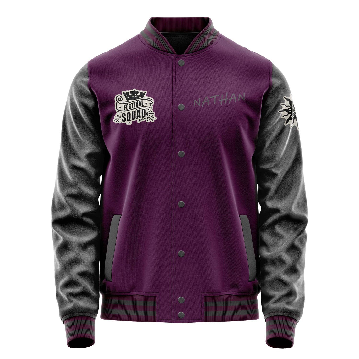 Custom Purple Varsity Jacket Patches Dark Gray Leather Sleeves - Flower Pattern