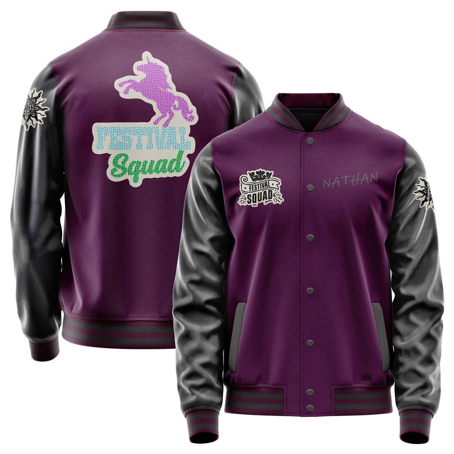 Custom Purple Varsity Jacket Patches Dark Gray Leather Sleeves - Flower Pattern