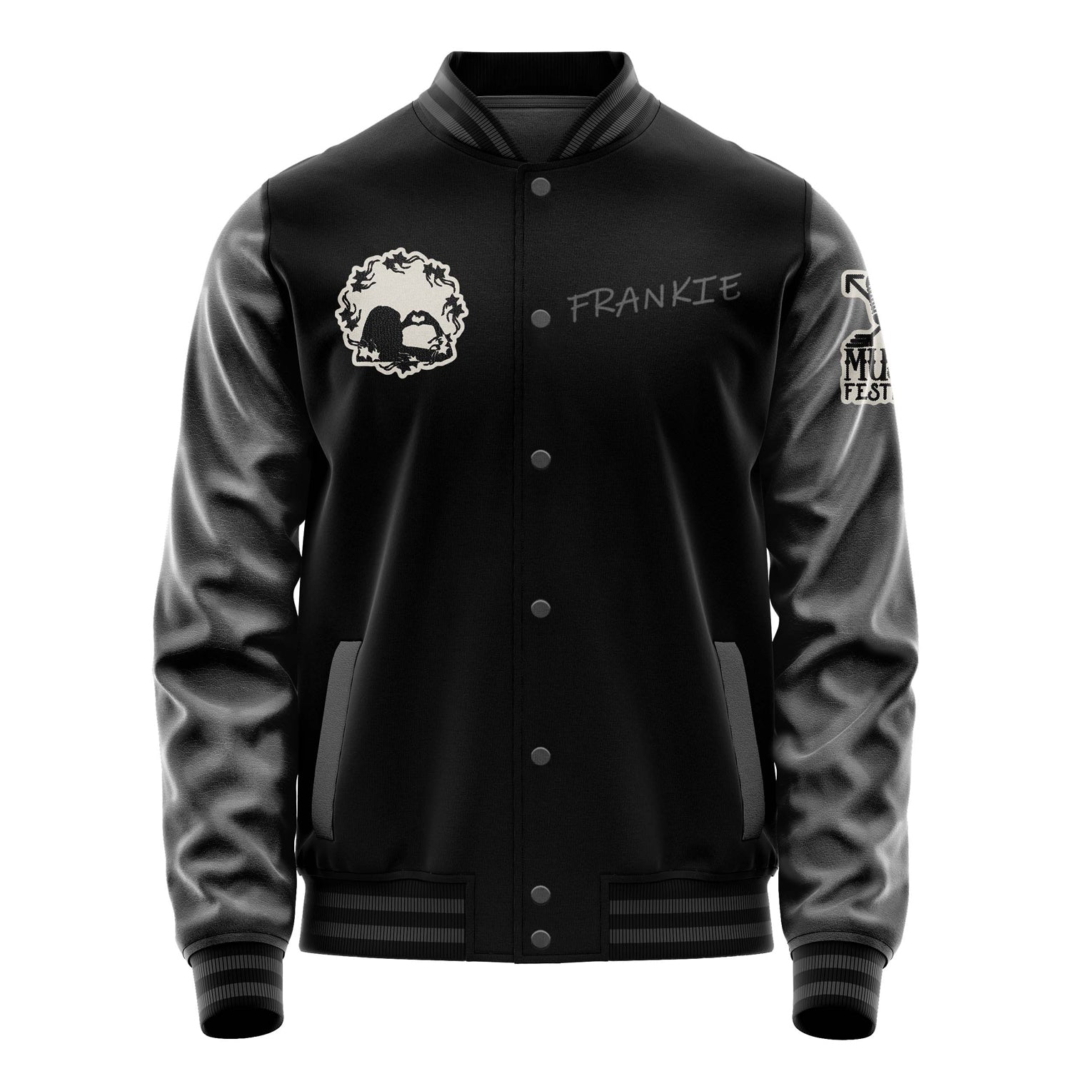 Custom Black Varsity Jacket Patches Dark Gray Leather Sleeves - Music Festival