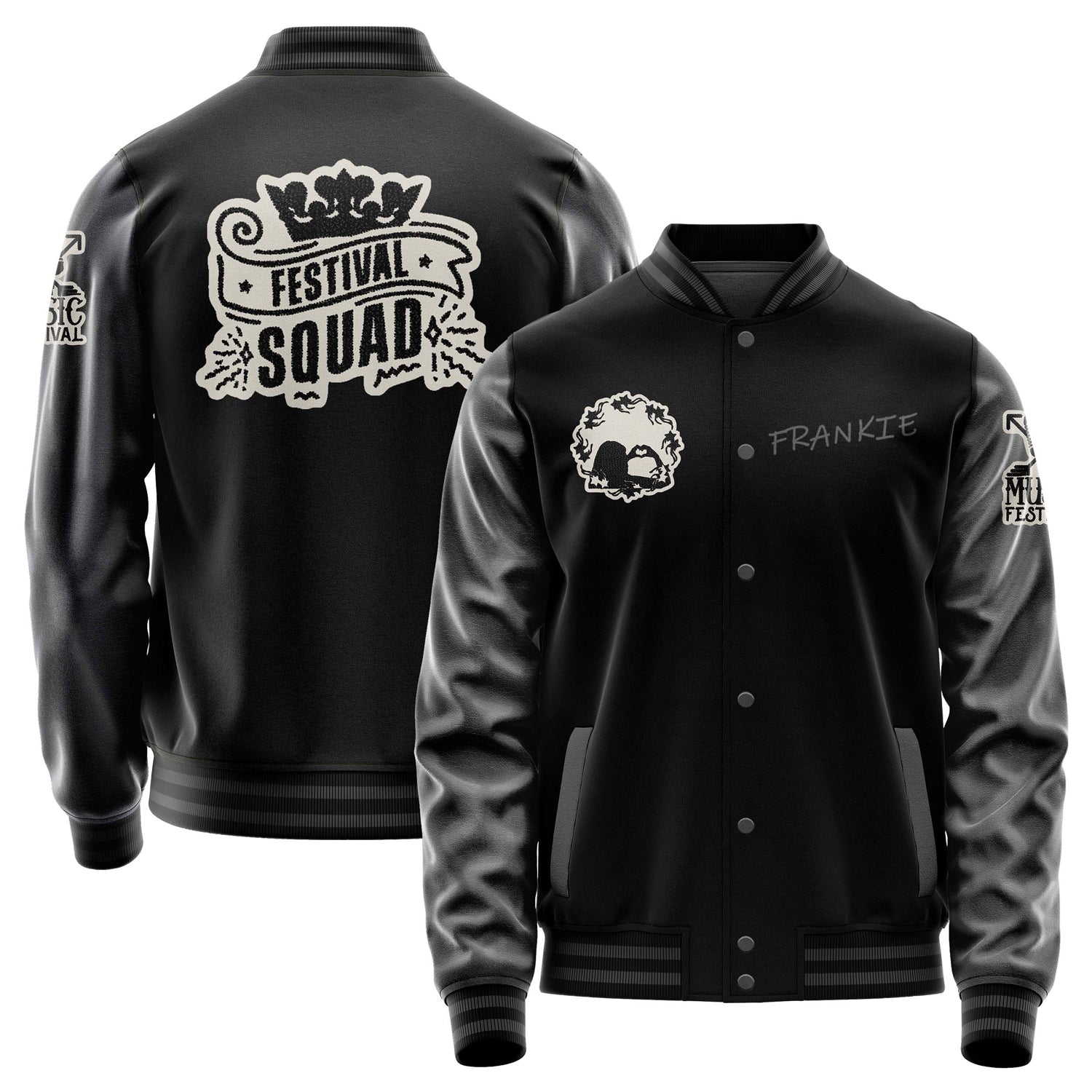 Custom Black Varsity Jacket Patches Dark Gray Leather Sleeves - Music Festival