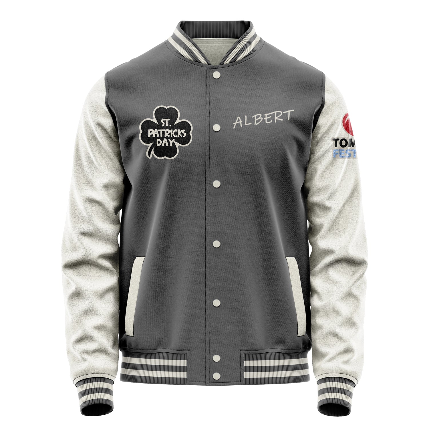 Custom Gray Varsity Jacket Patches Beige Leather Sleeves - Festivals