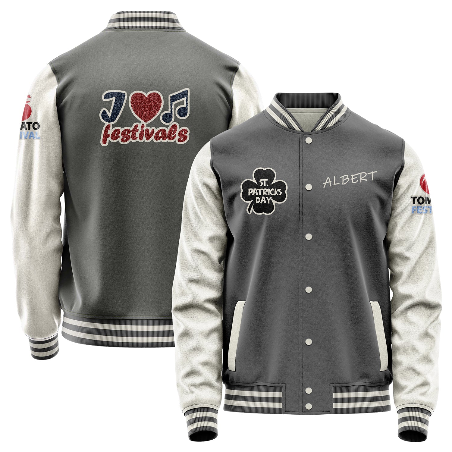 Custom Gray Varsity Jacket Patches Beige Leather Sleeves - Festivals