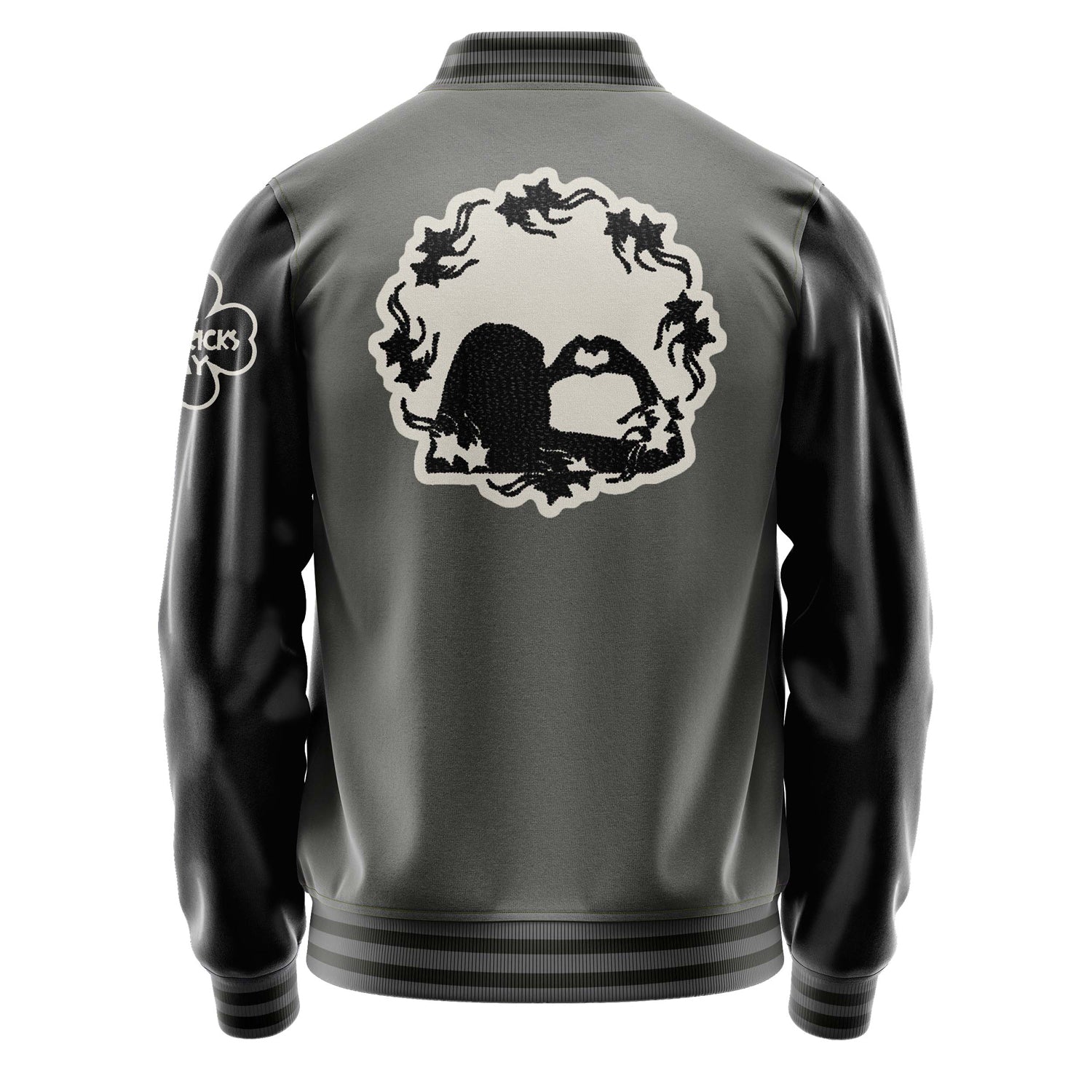 Custom Gray Varsity Jacket Patches Black Leather Sleeves - Girl's heart