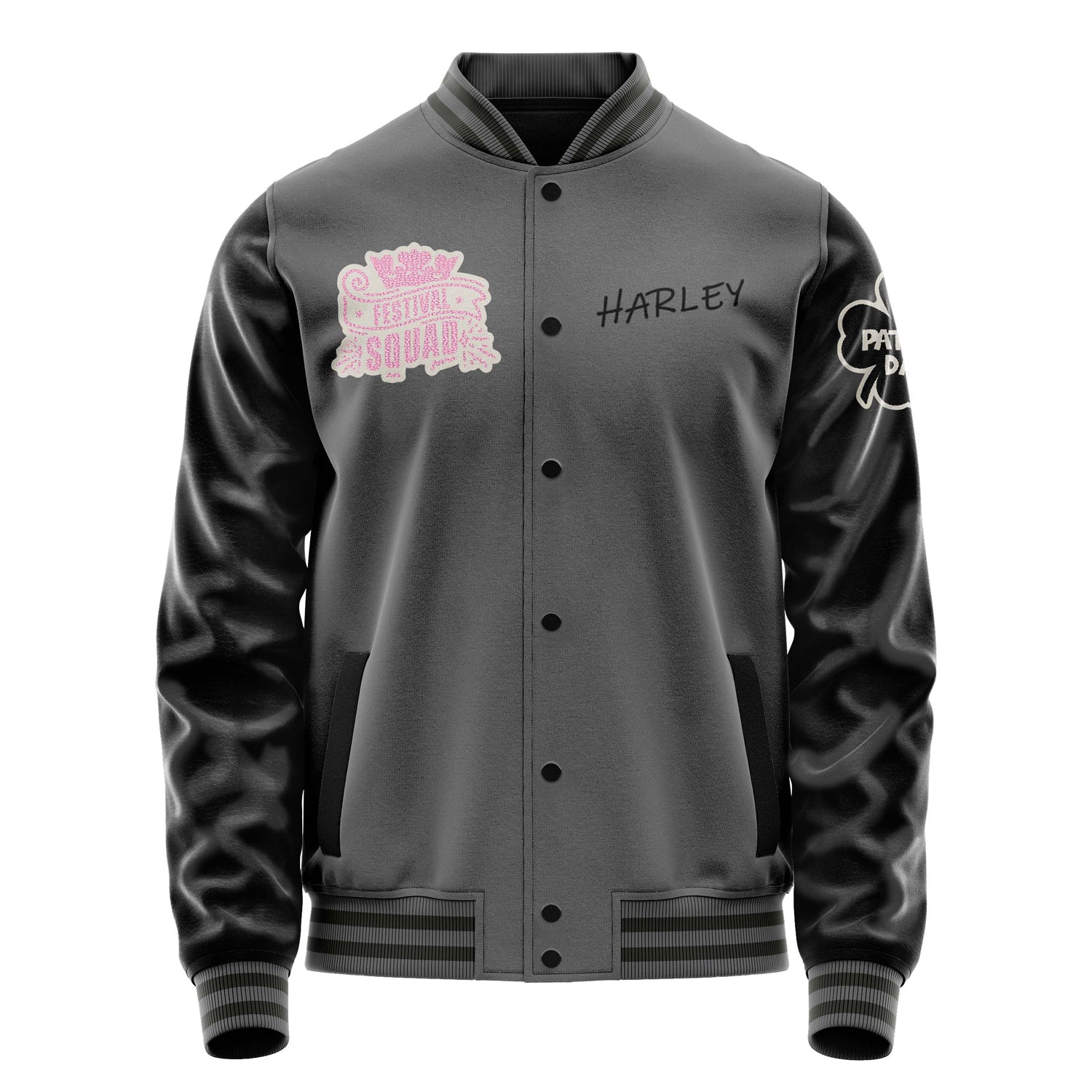 Custom Gray Varsity Jacket Patches Black Leather Sleeves - Girl's heart