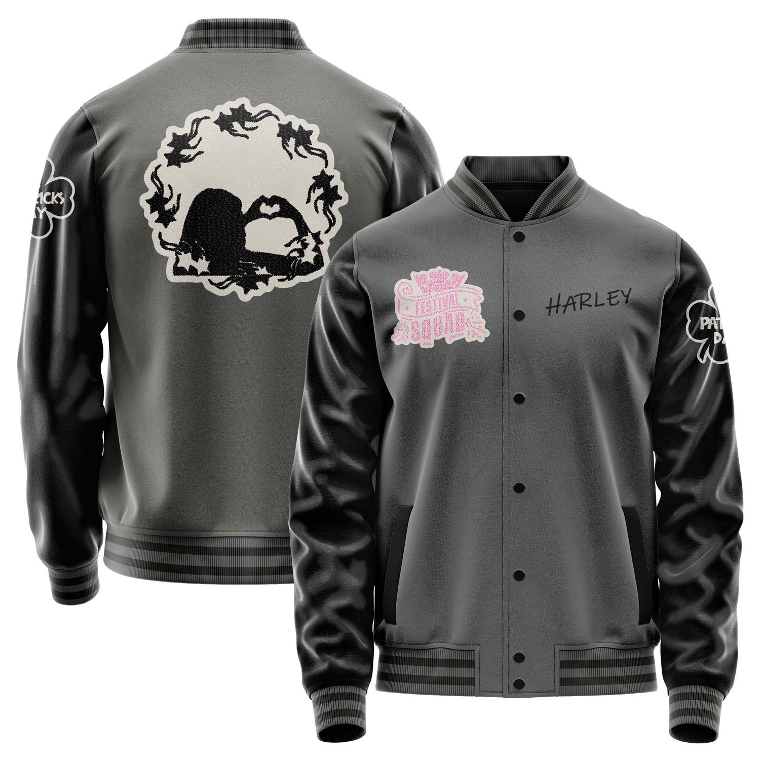 Custom Gray Varsity Jacket Patches Black Leather Sleeves - Girl's heart