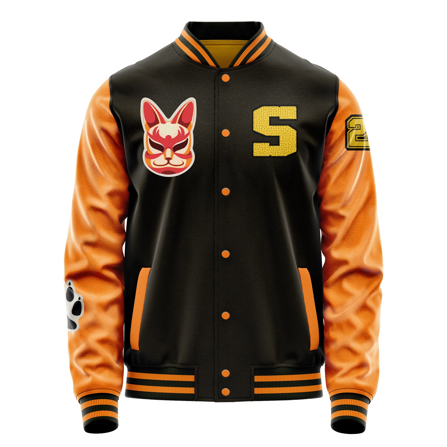 Custom Brown Varsity Jacket Patches Orange Leather Sleeves - Fox mask