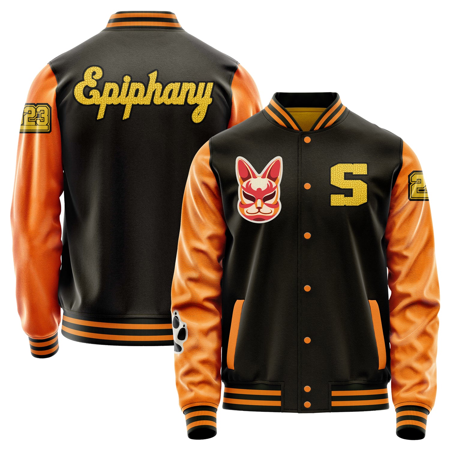 Custom Brown Varsity Jacket Patches Orange Leather Sleeves - Fox mask