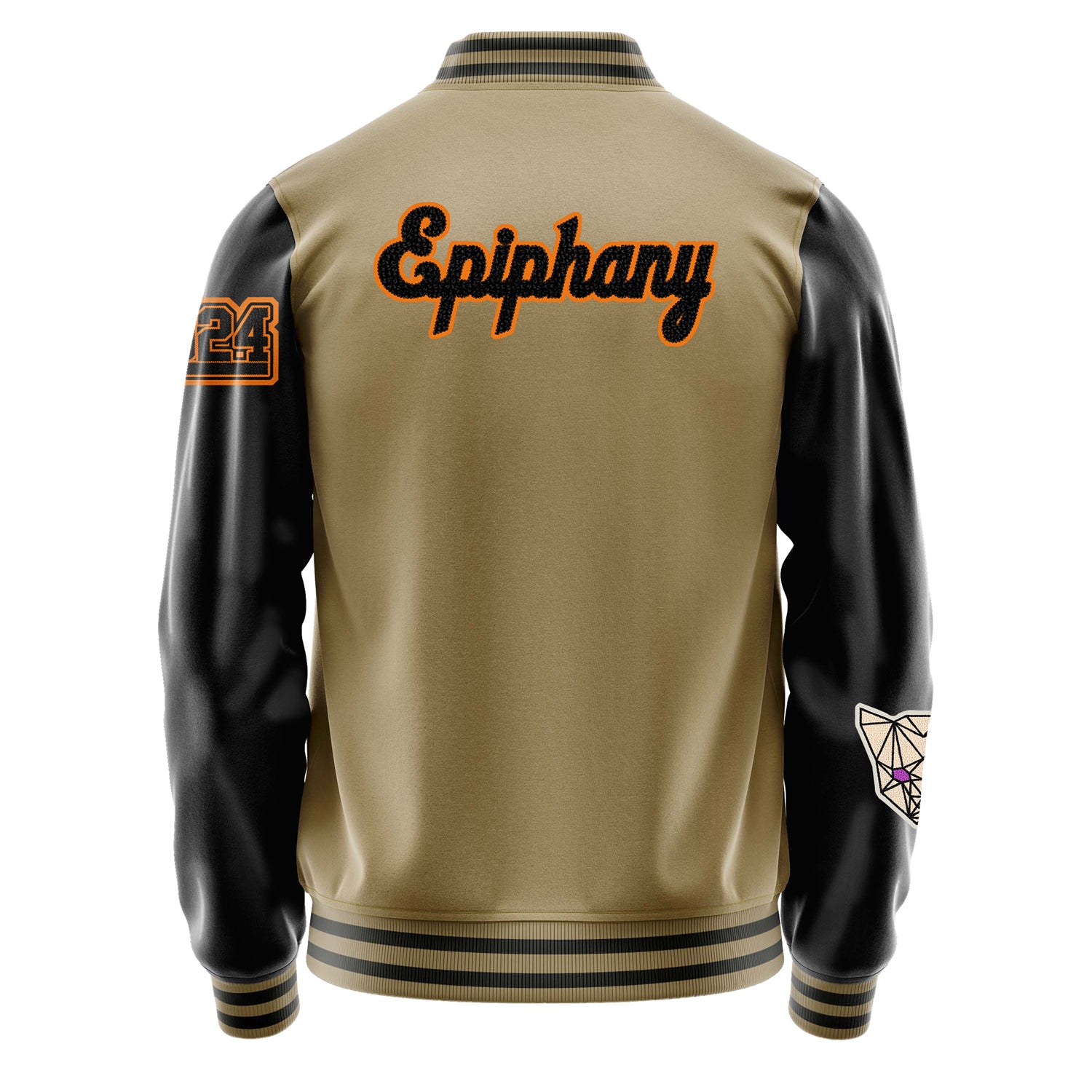 Custom Camel Varsity Jacket Patches Black Leather Sleeves - Angry Fox