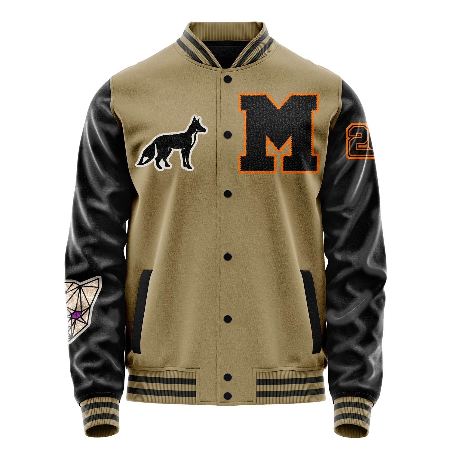 Custom Camel Varsity Jacket Patches Black Leather Sleeves - Angry Fox