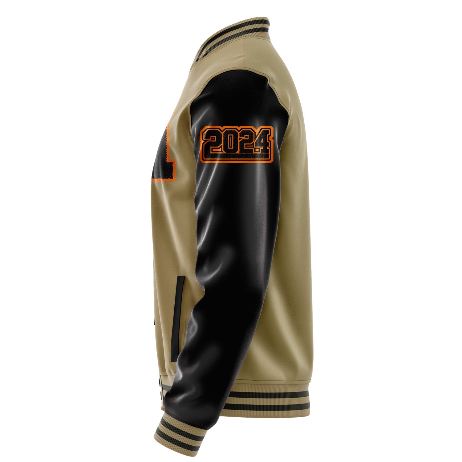 Custom Camel Varsity Jacket Patches Black Leather Sleeves - Angry Fox