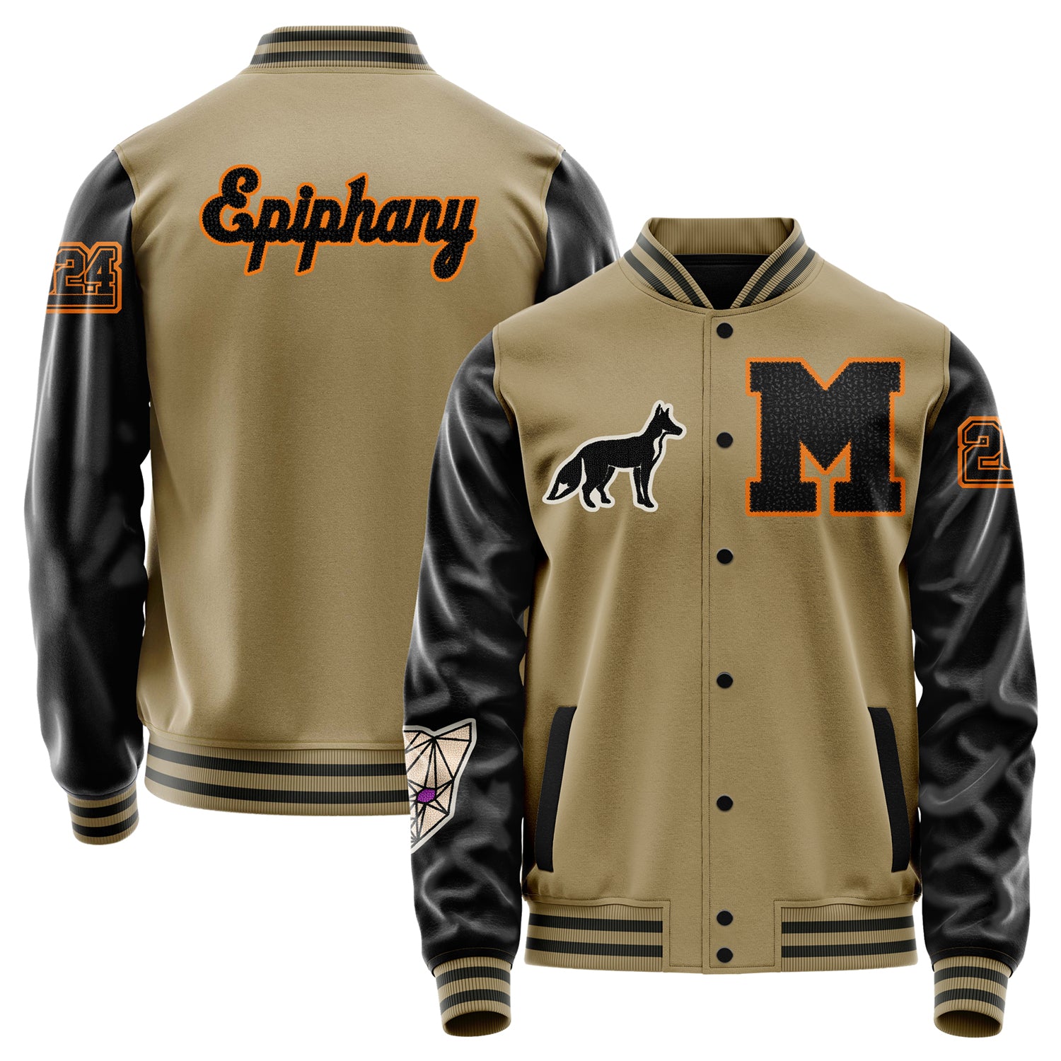 Custom Camel Varsity Jacket Patches Black Leather Sleeves - Angry Fox