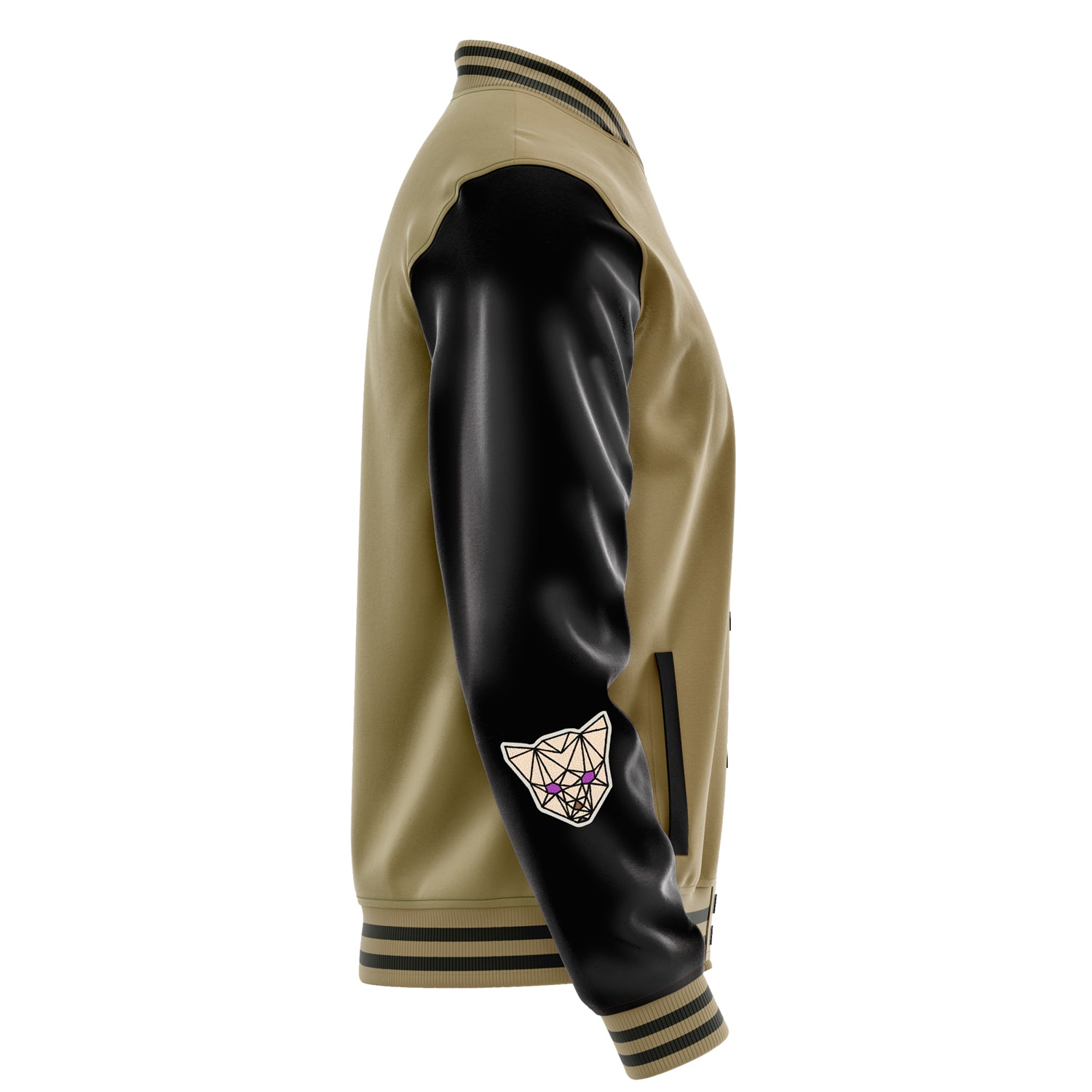 Custom Camel Varsity Jacket Patches Black Leather Sleeves - Angry Fox