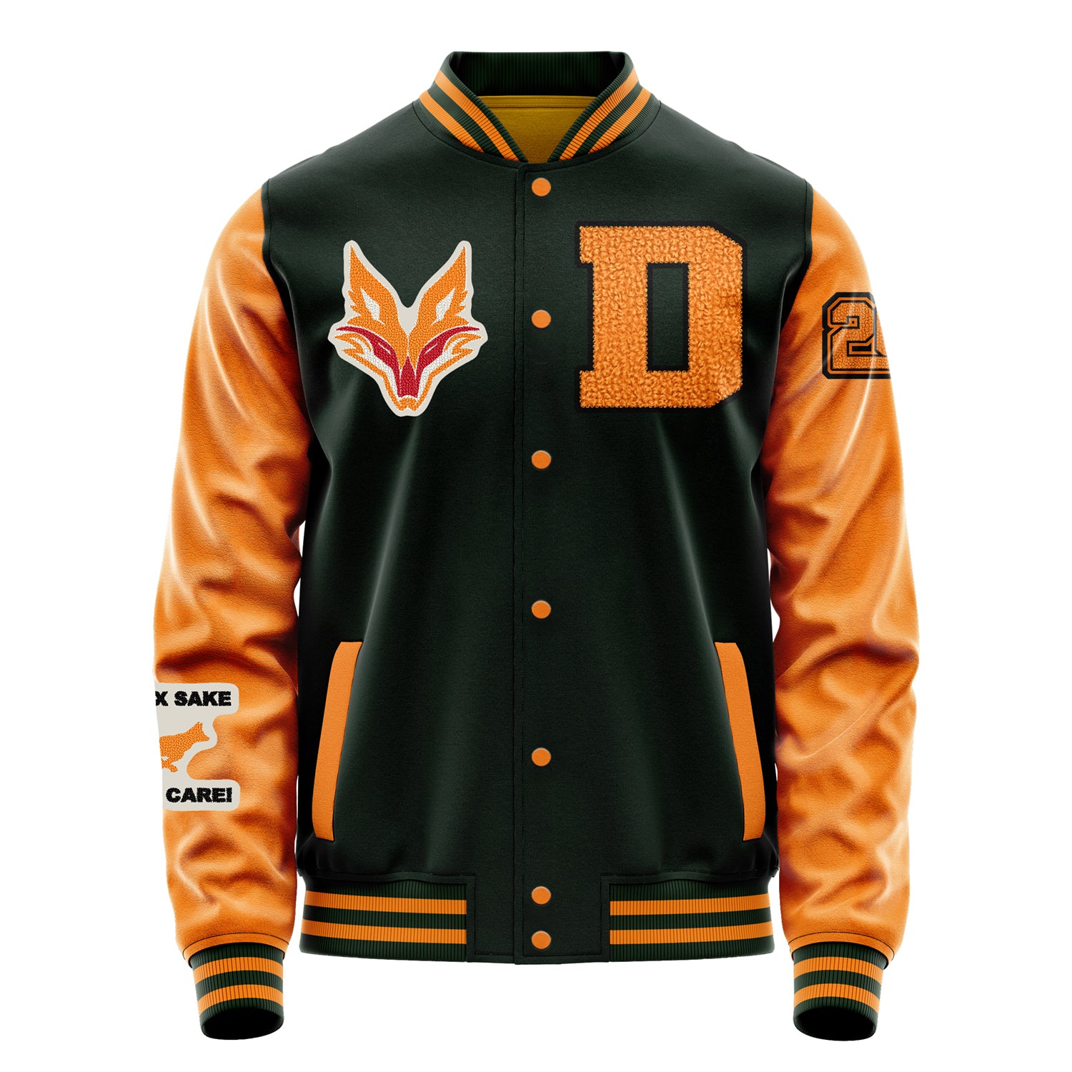 Custom Dark Green Varsity Jacket Patches Orange Leather Sleeves - Fox head