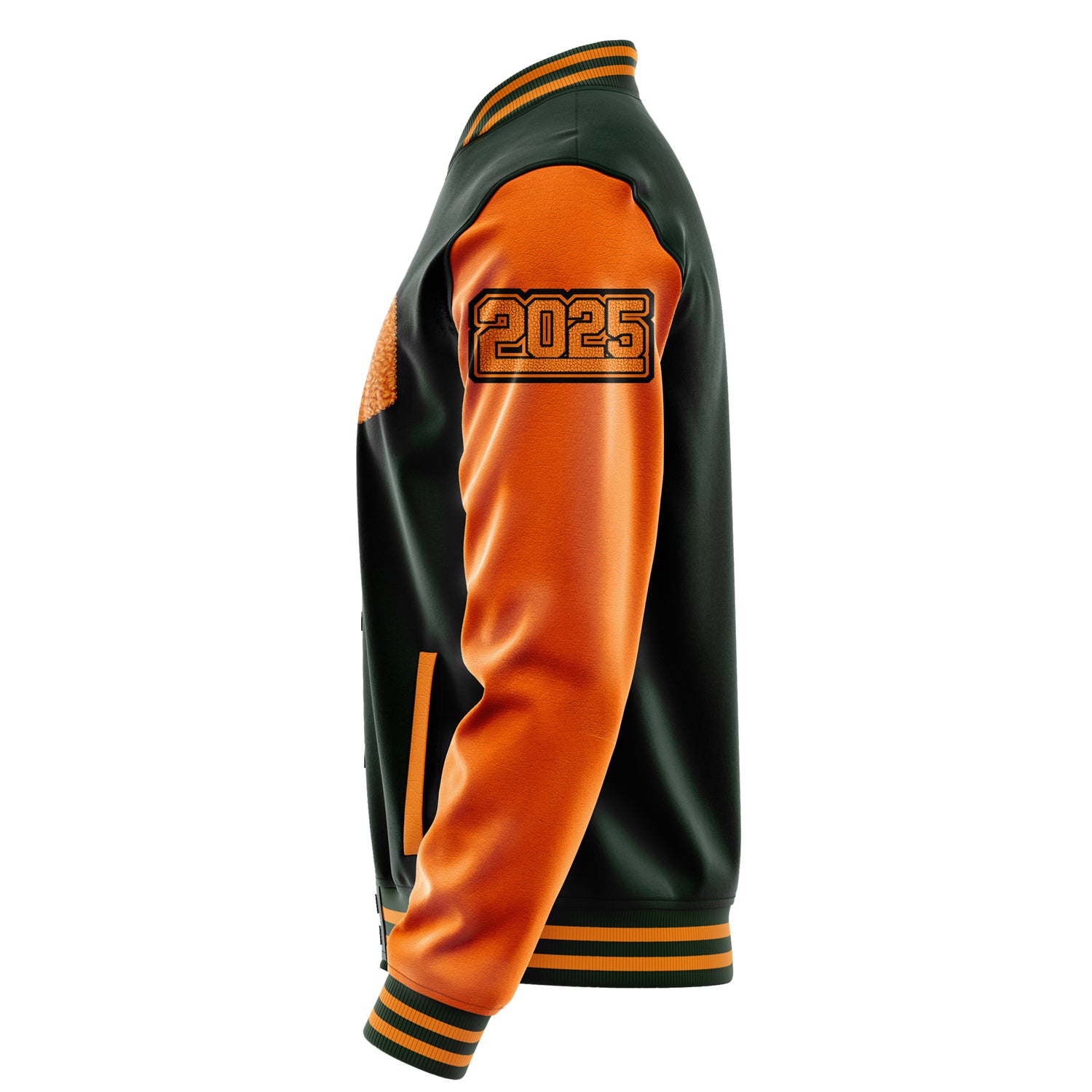 Custom Dark Green Varsity Jacket Patches Orange Leather Sleeves - Fox head