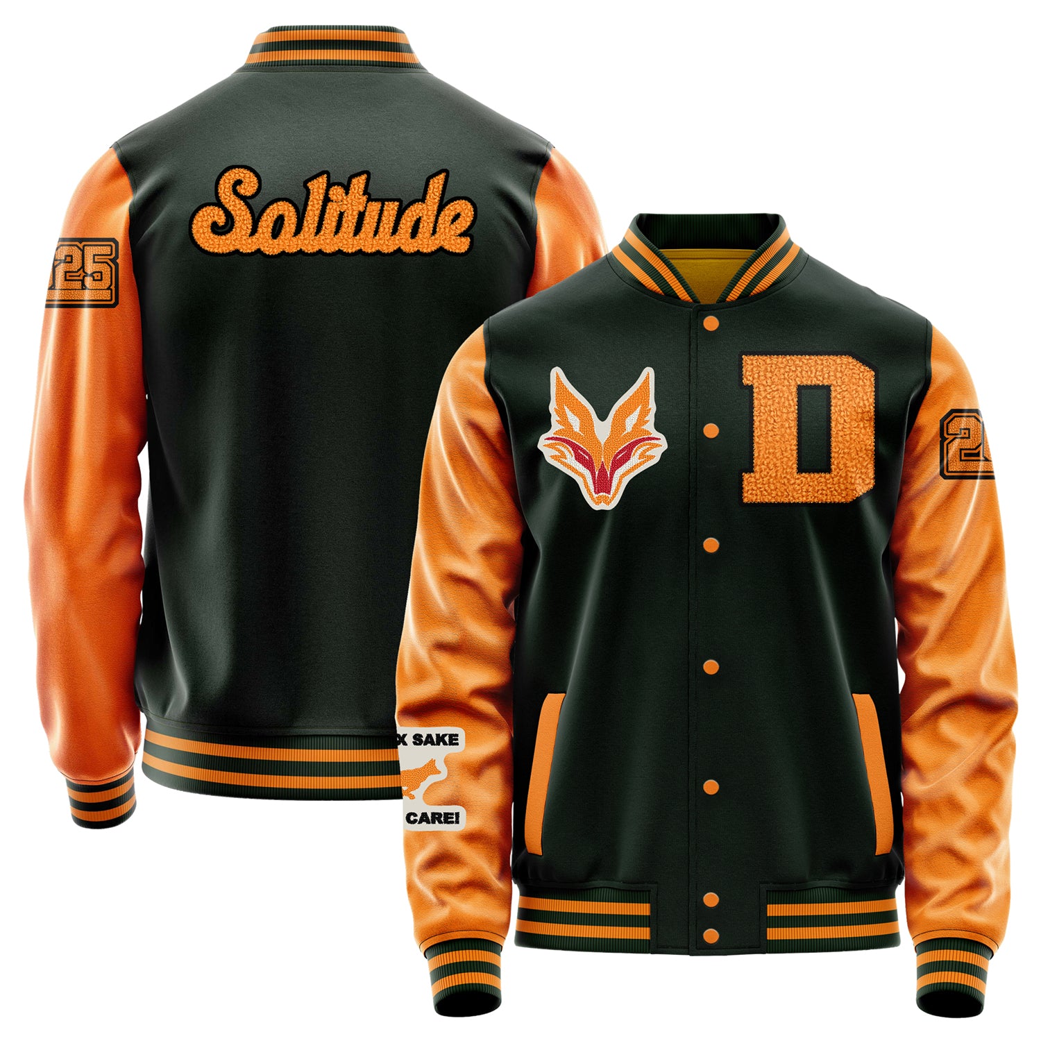 Custom Dark Green Varsity Jacket Patches Orange Leather Sleeves - Fox head