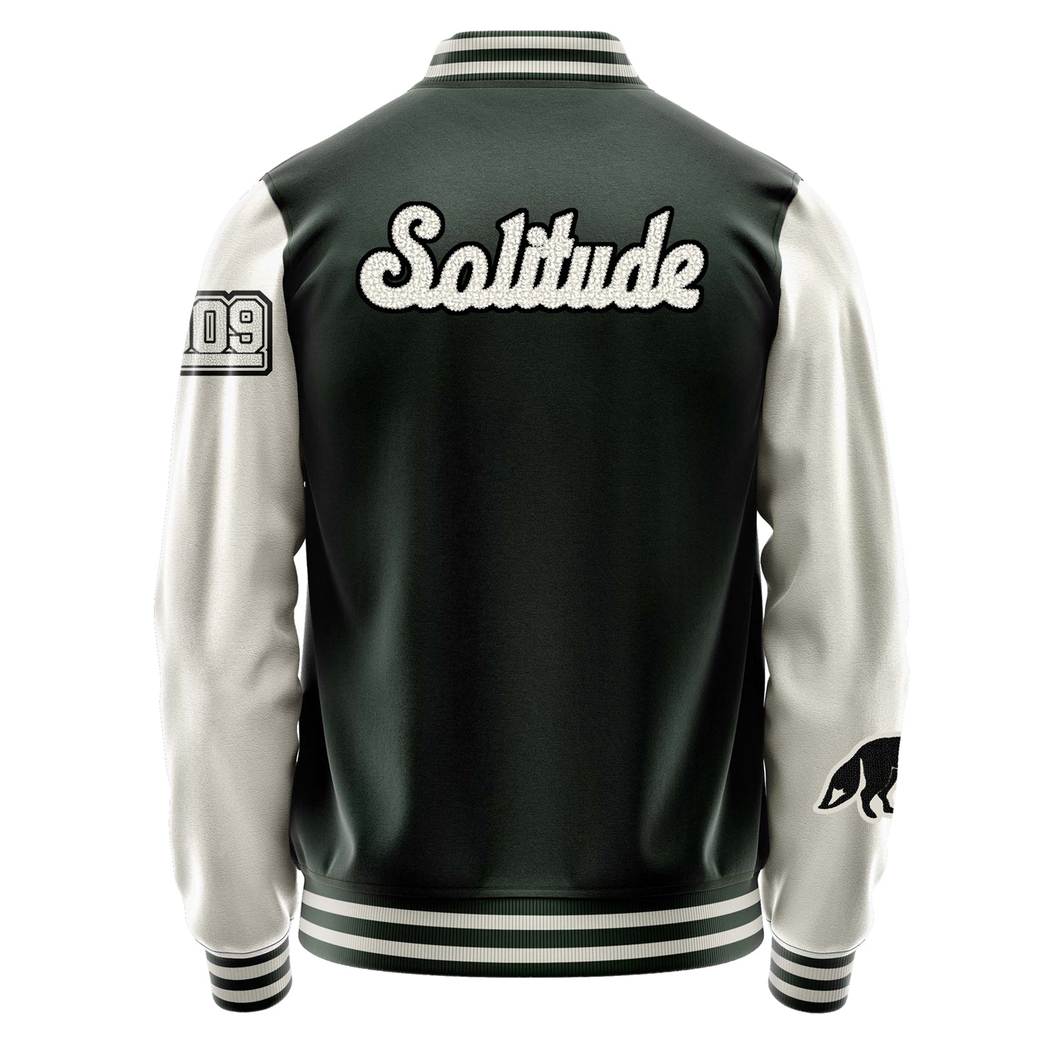 Custom Dark Green Varsity Jacket Patches Beige Leather Sleeves - Fox Silhouette