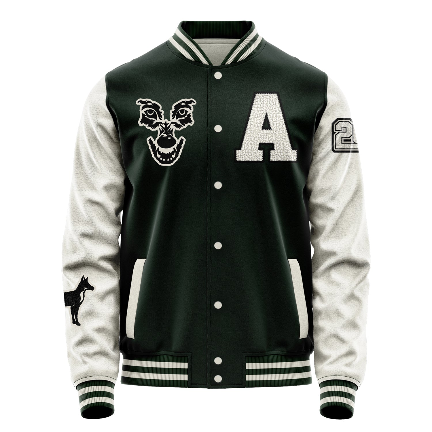 Custom Dark Green Varsity Jacket Patches Beige Leather Sleeves - Fox Silhouette