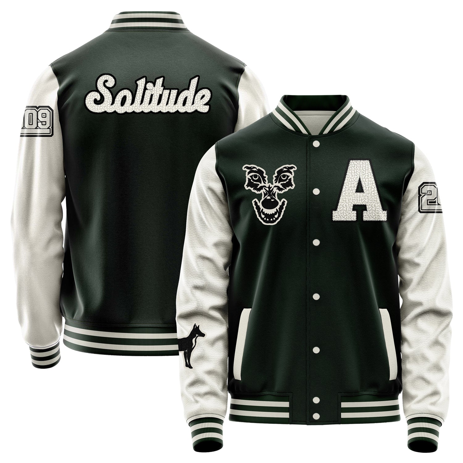 Custom Dark Green Varsity Jacket Patches Beige Leather Sleeves - Fox Silhouette