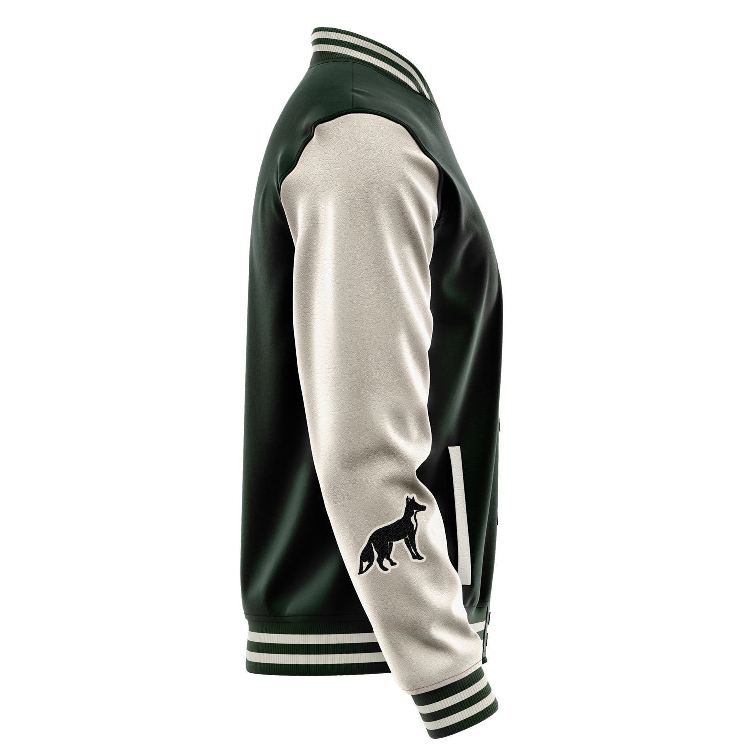 Custom Dark Green Varsity Jacket Patches Beige Leather Sleeves - Fox Silhouette