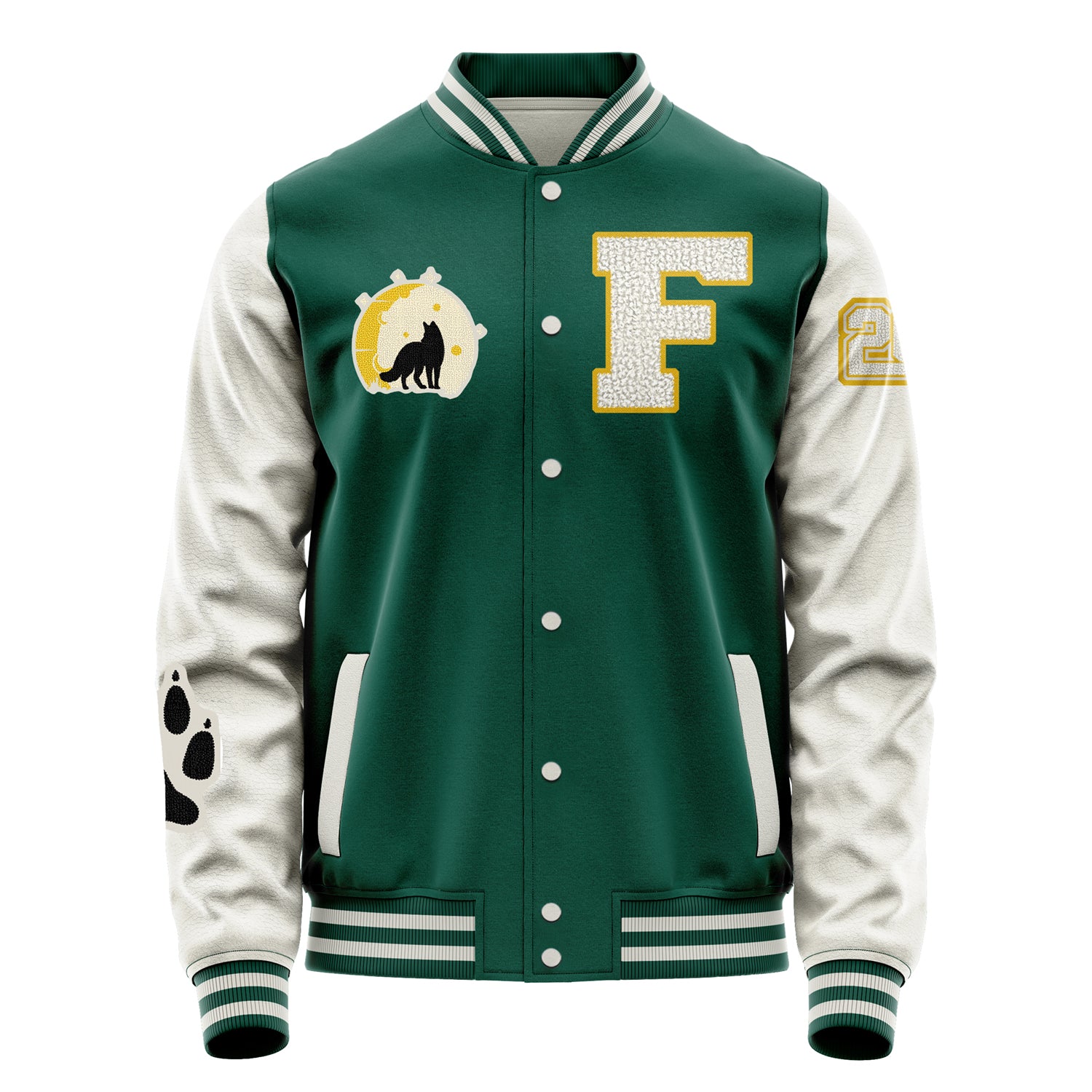 Custom Green Varsity Jacket Patches Beige Leather Sleeves - Moon Fox