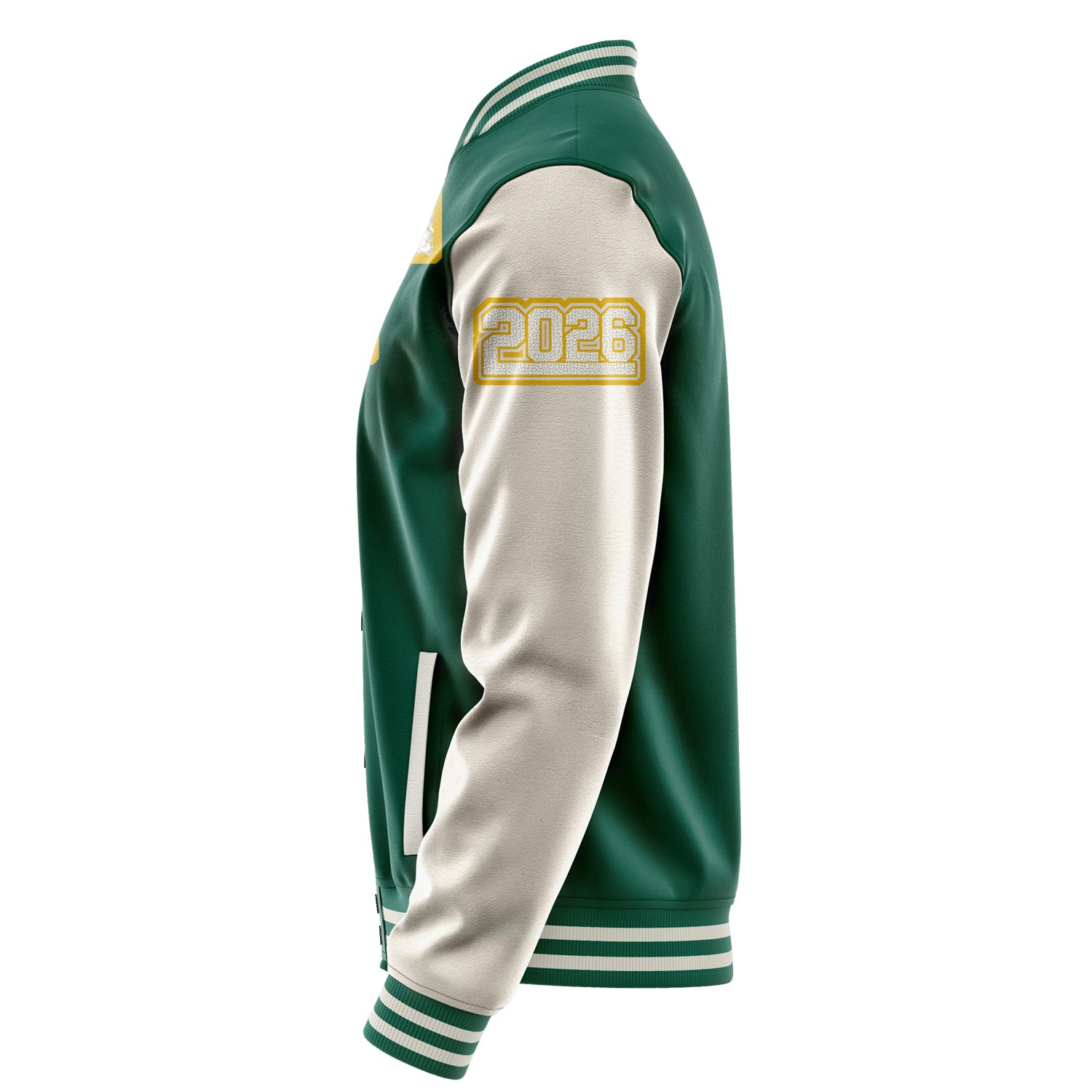 Custom Green Varsity Jacket Patches Beige Leather Sleeves - Moon Fox