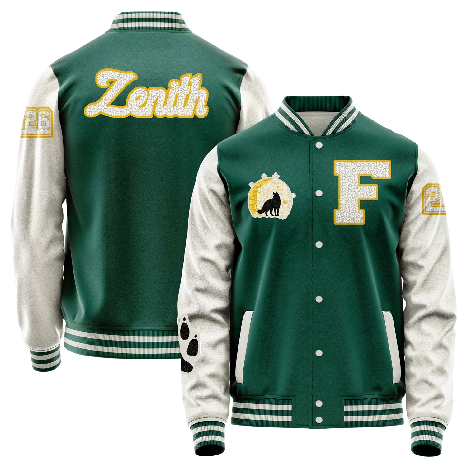 Custom Green Varsity Jacket Patches Beige Leather Sleeves - Moon Fox