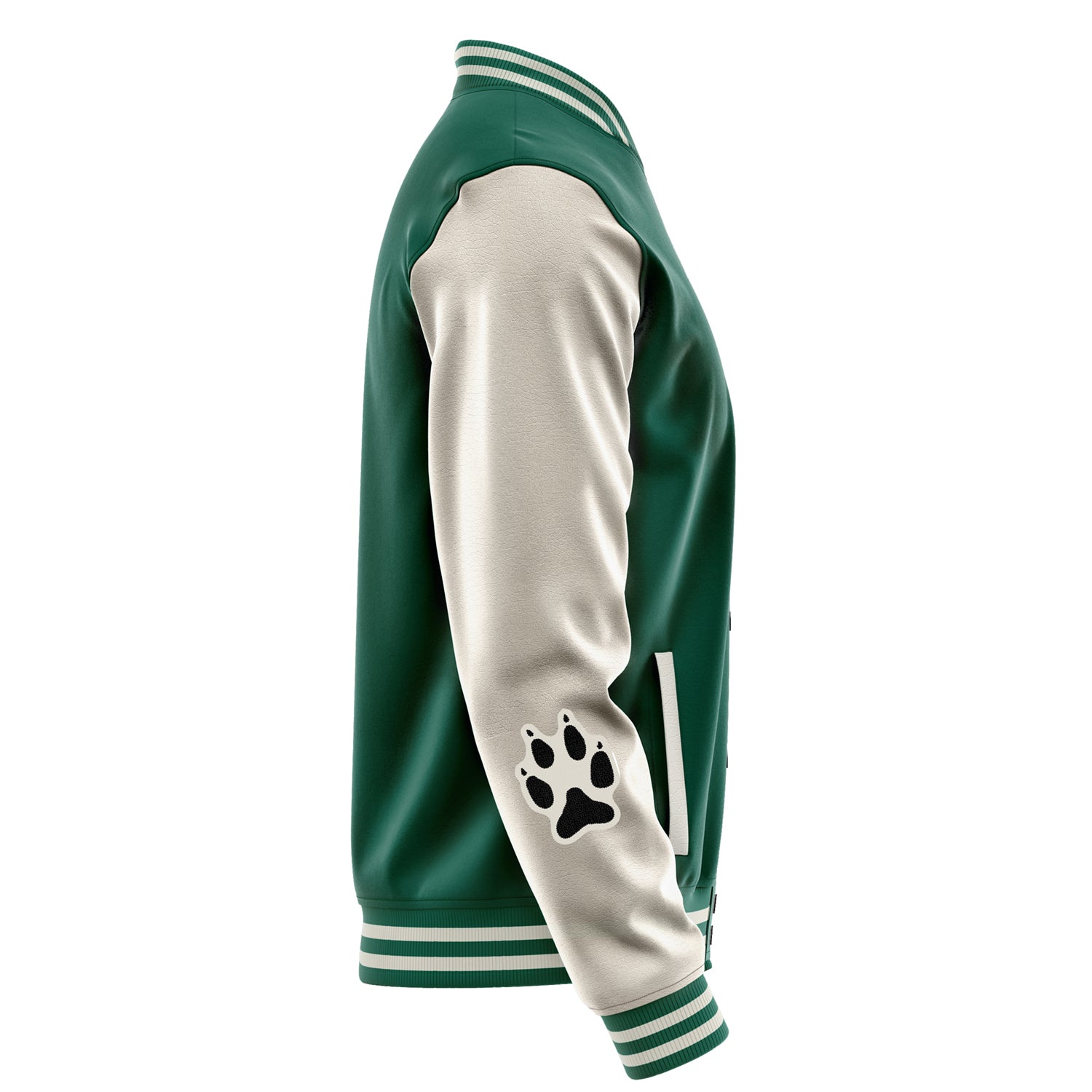 Custom Green Varsity Jacket Patches Beige Leather Sleeves - Moon Fox