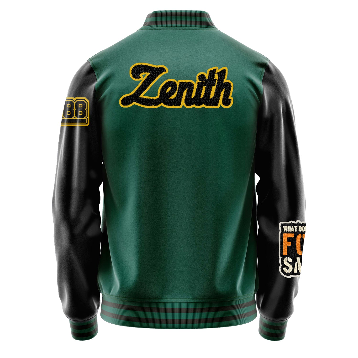 Custom Green Varsity Jacket Patches Black Leather Sleeves - Angry Fox
