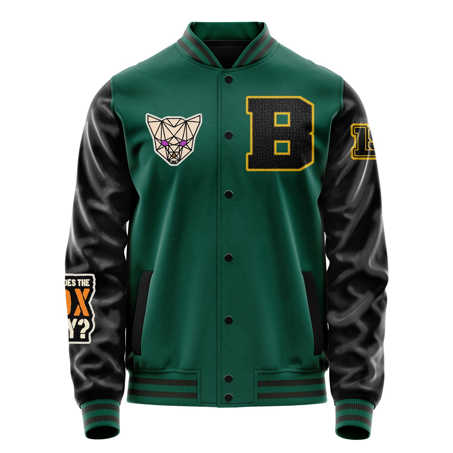 Custom Green Varsity Jacket Patches Black Leather Sleeves - Angry Fox