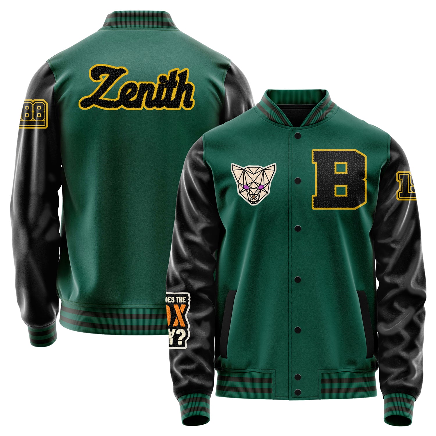 Custom Green Varsity Jacket Patches Black Leather Sleeves - Angry Fox